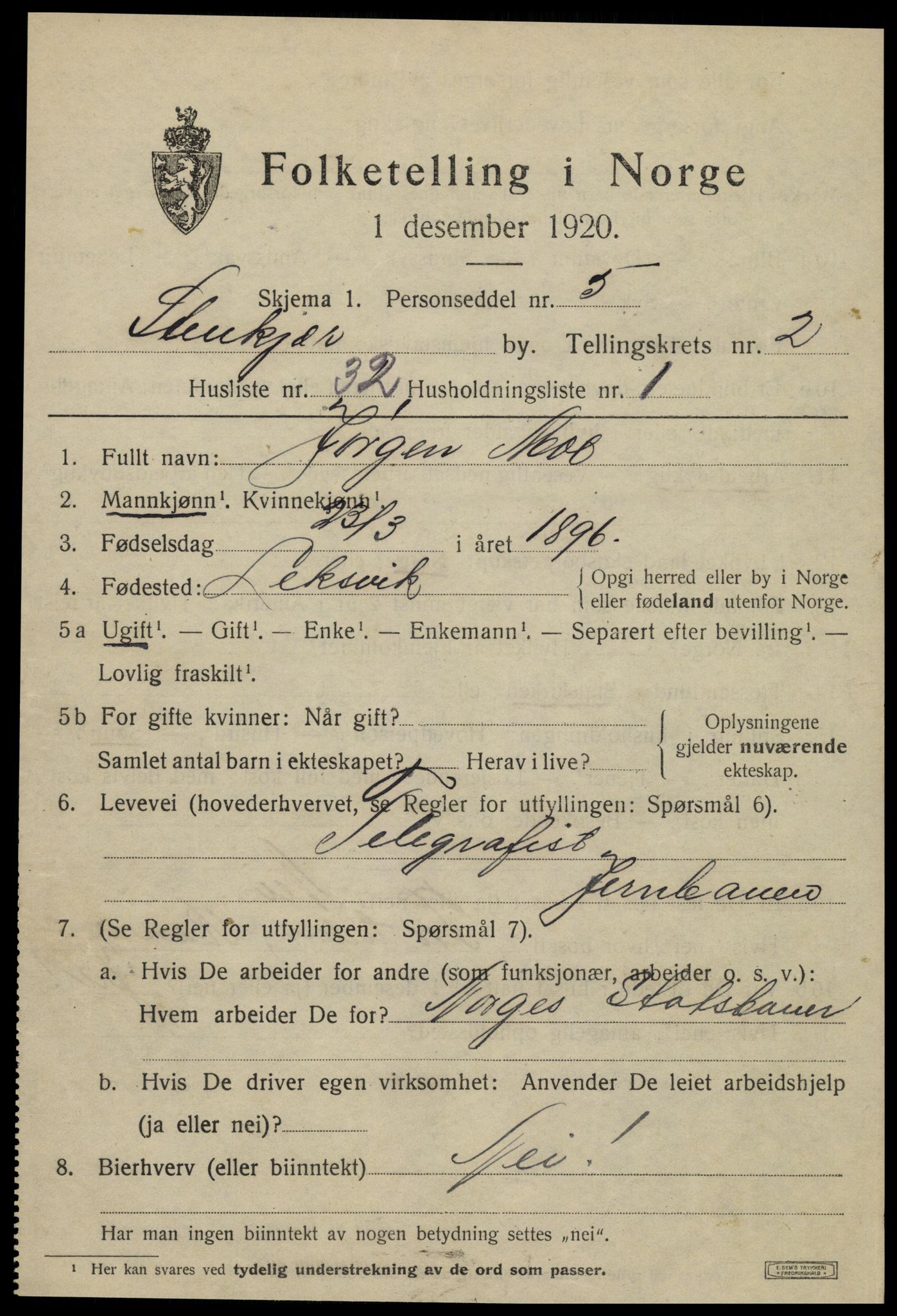 SAT, 1920 census for Steinkjer, 1920, p. 4860