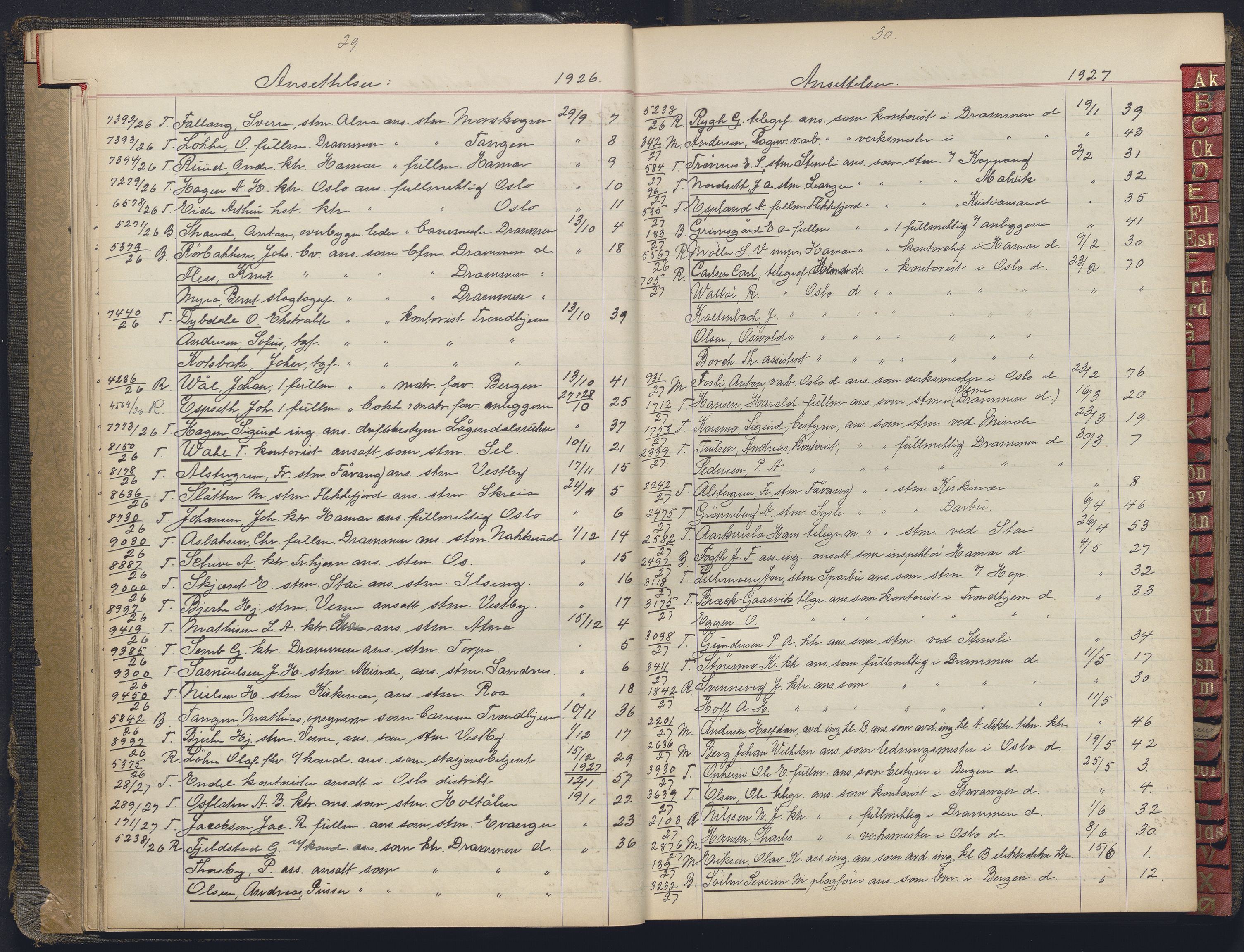 Norges statsbaner, Administrasjons- økonomi- og personalavdelingen, AV/RA-S-3412/A/Aa/L0037: Register til forhandlingsprotokoll, 1922-1928, p. 29-30