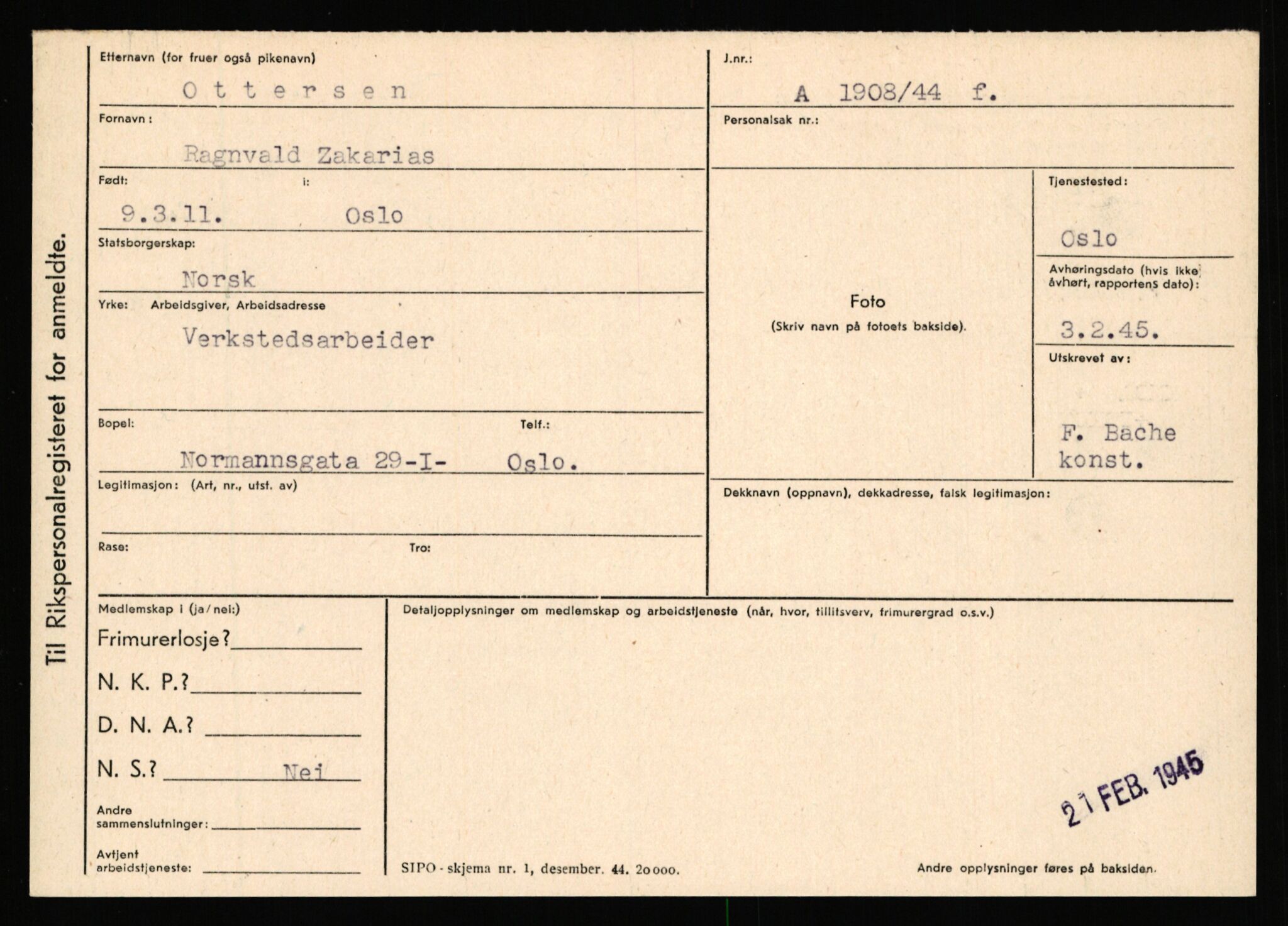 Statspolitiet - Hovedkontoret / Osloavdelingen, AV/RA-S-1329/C/Ca/L0012: Oanæs - Quistgaard	, 1943-1945, p. 2721