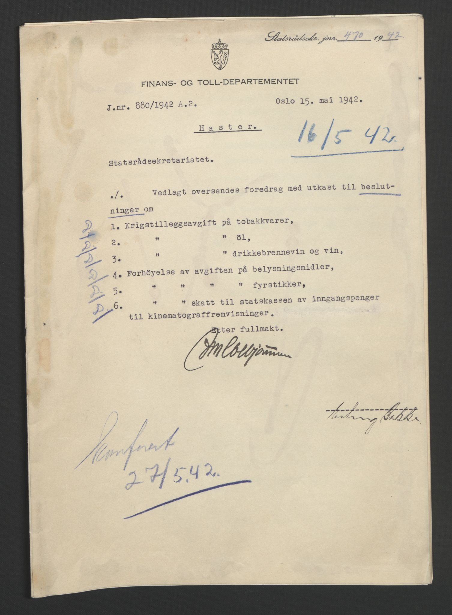 NS-administrasjonen 1940-1945 (Statsrådsekretariatet, de kommisariske statsråder mm), AV/RA-S-4279/D/Db/L0090: Foredrag til vedtak utenfor ministermøte, 1942-1945, p. 12