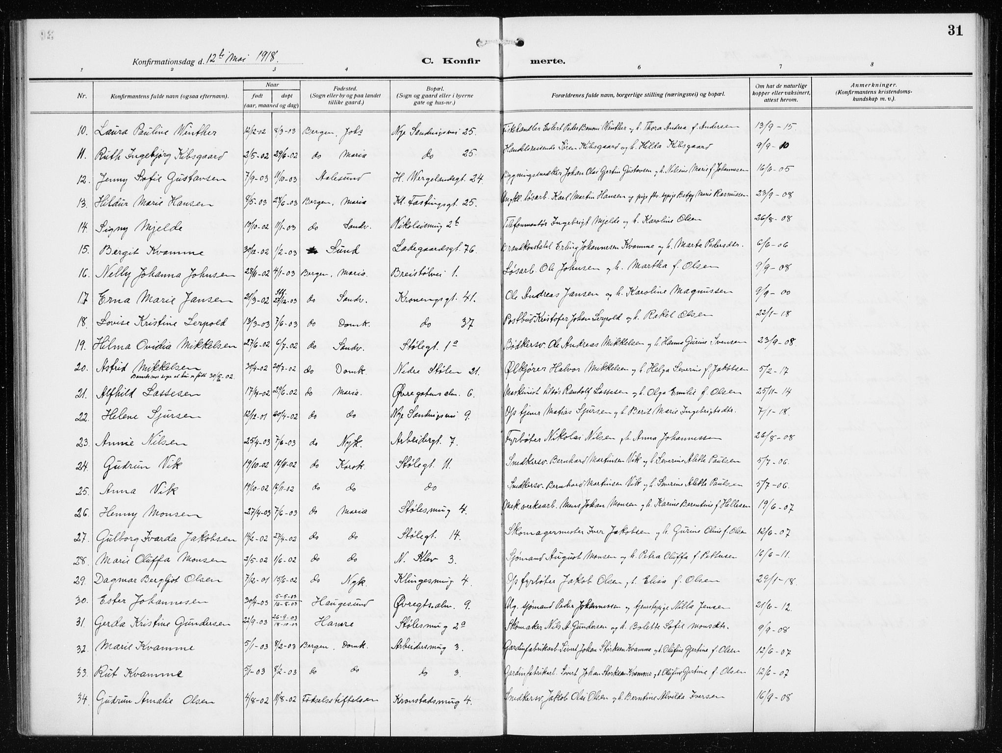 Mariakirken Sokneprestembete, AV/SAB-A-76901/H/Haa/L0015: Parish register (official) no. C 3, 1913-1927, p. 31