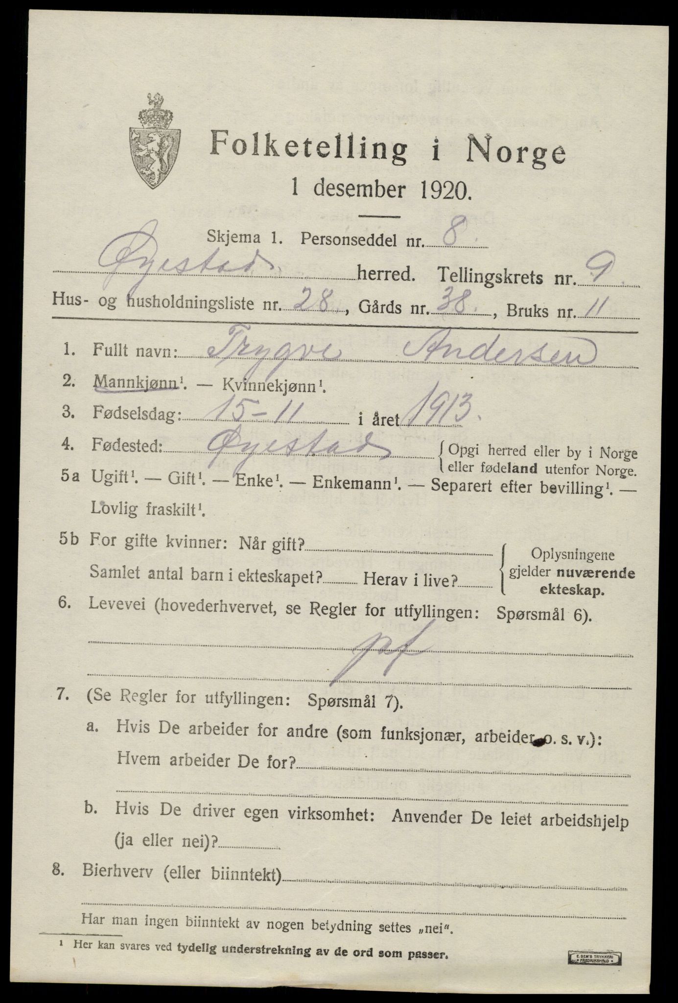 SAK, 1920 census for Øyestad, 1920, p. 6206