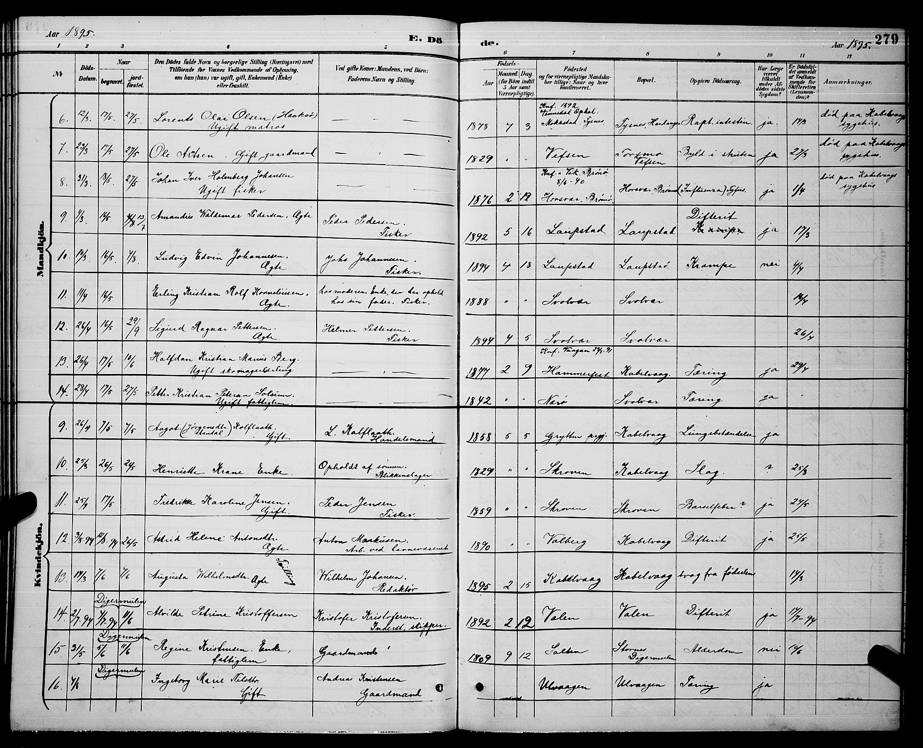 Ministerialprotokoller, klokkerbøker og fødselsregistre - Nordland, AV/SAT-A-1459/874/L1077: Parish register (copy) no. 874C06, 1891-1900, p. 279