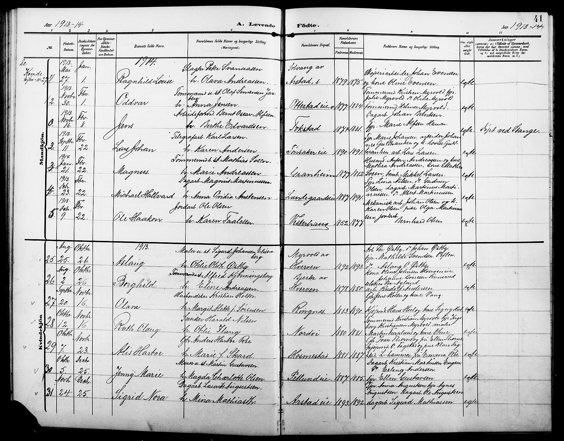 Stange prestekontor, AV/SAH-PREST-002/L/L0013: Parish register (copy) no. 13, 1906-1915, p. 41