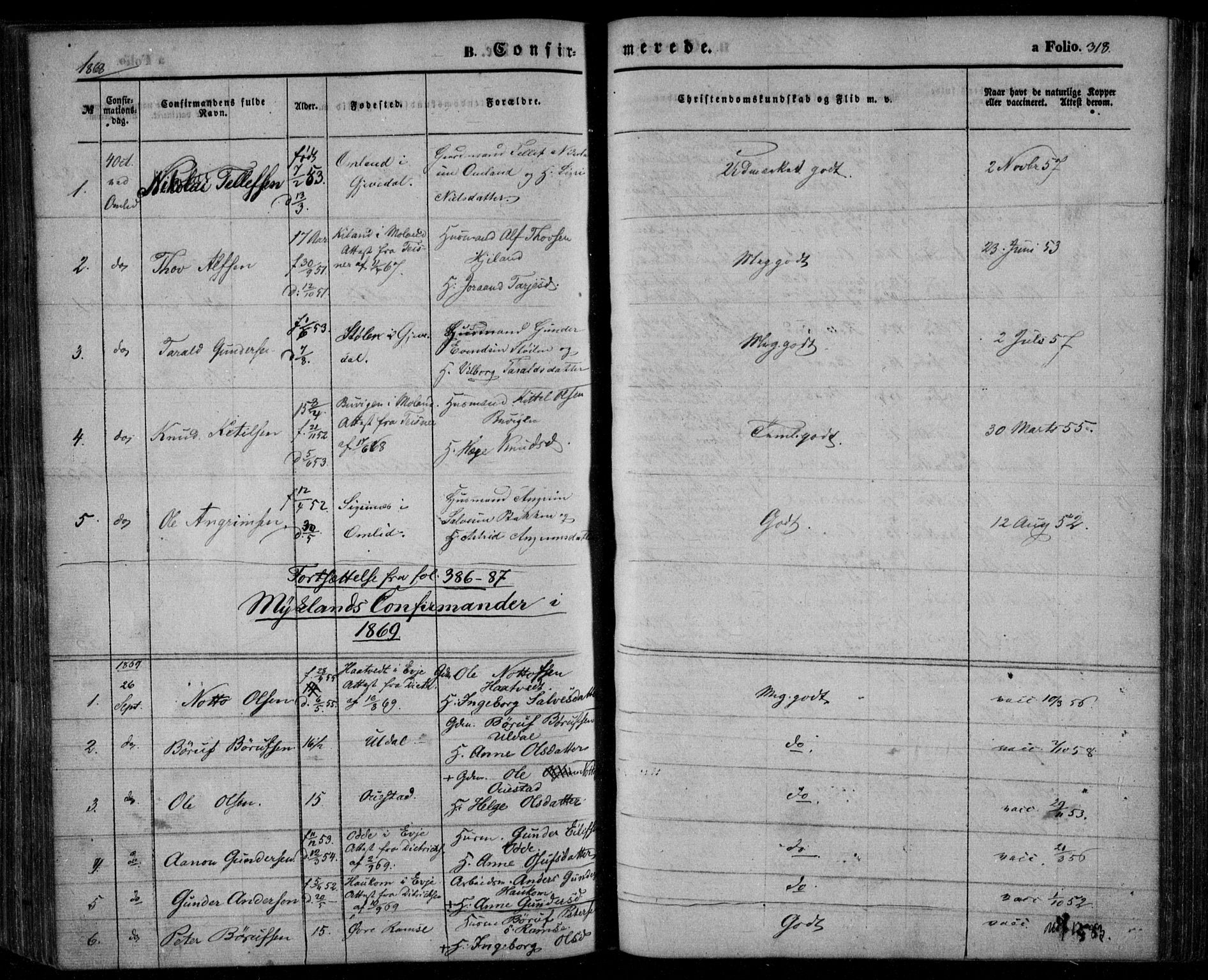 Åmli sokneprestkontor, SAK/1111-0050/F/Fa/Fac/L0008: Parish register (official) no. A 8, 1852-1869, p. 318