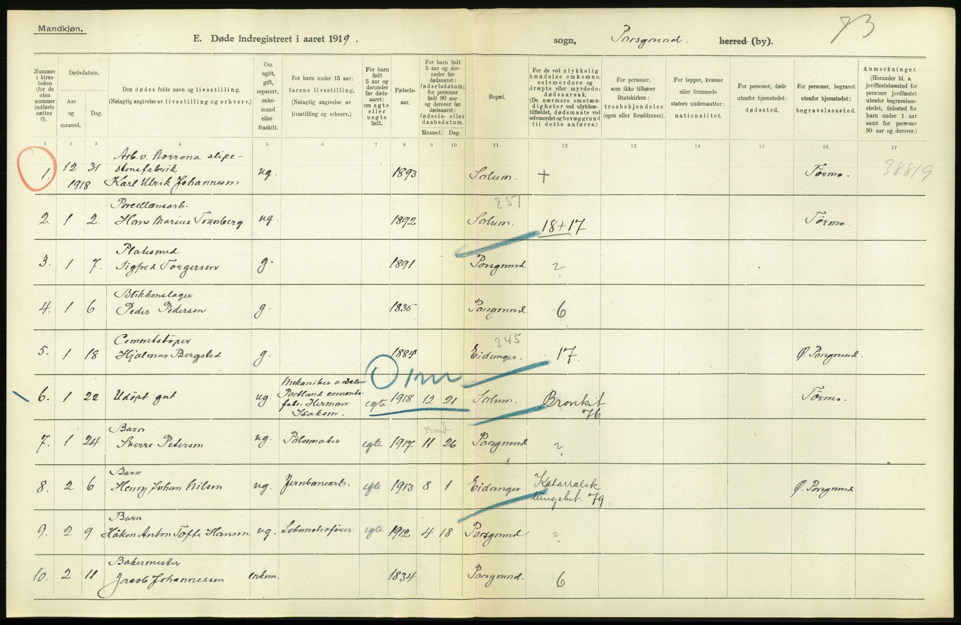 Statistisk sentralbyrå, Sosiodemografiske emner, Befolkning, AV/RA-S-2228/D/Df/Dfb/Dfbi/L0023: Telemark fylke: Døde. Bygder og byer., 1919, p. 378