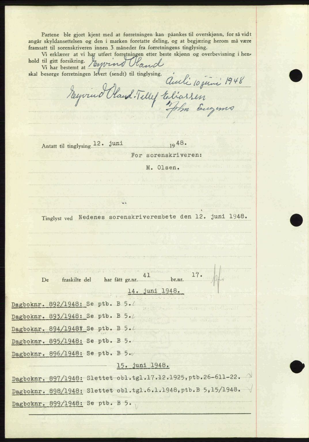 Nedenes sorenskriveri, SAK/1221-0006/G/Gb/Gba/L0059: Mortgage book no. A11, 1948-1948, Diary no: : 891/1948