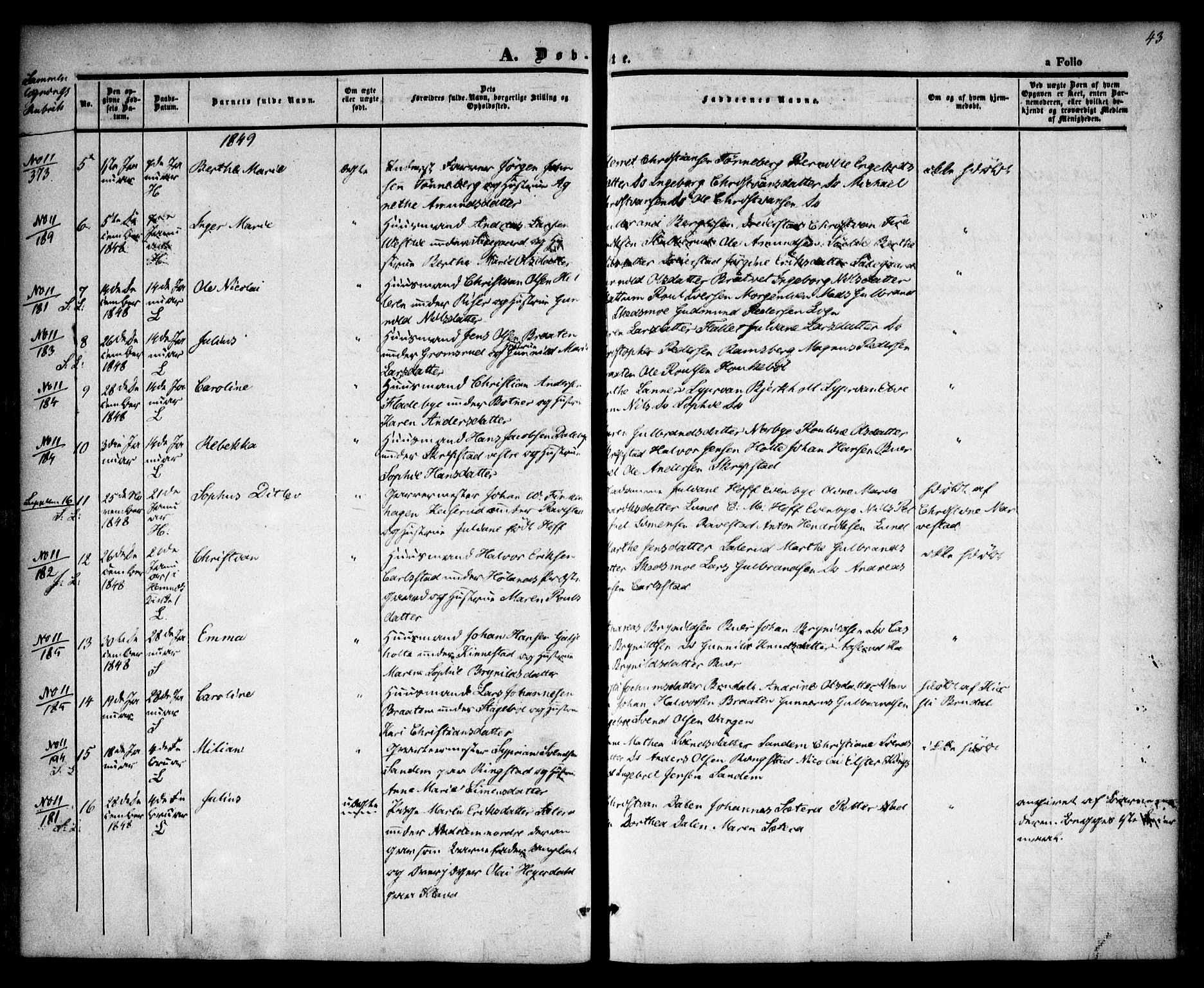 Høland prestekontor Kirkebøker, SAO/A-10346a/F/Fa/L0009: Parish register (official) no. I 9, 1846-1853, p. 43