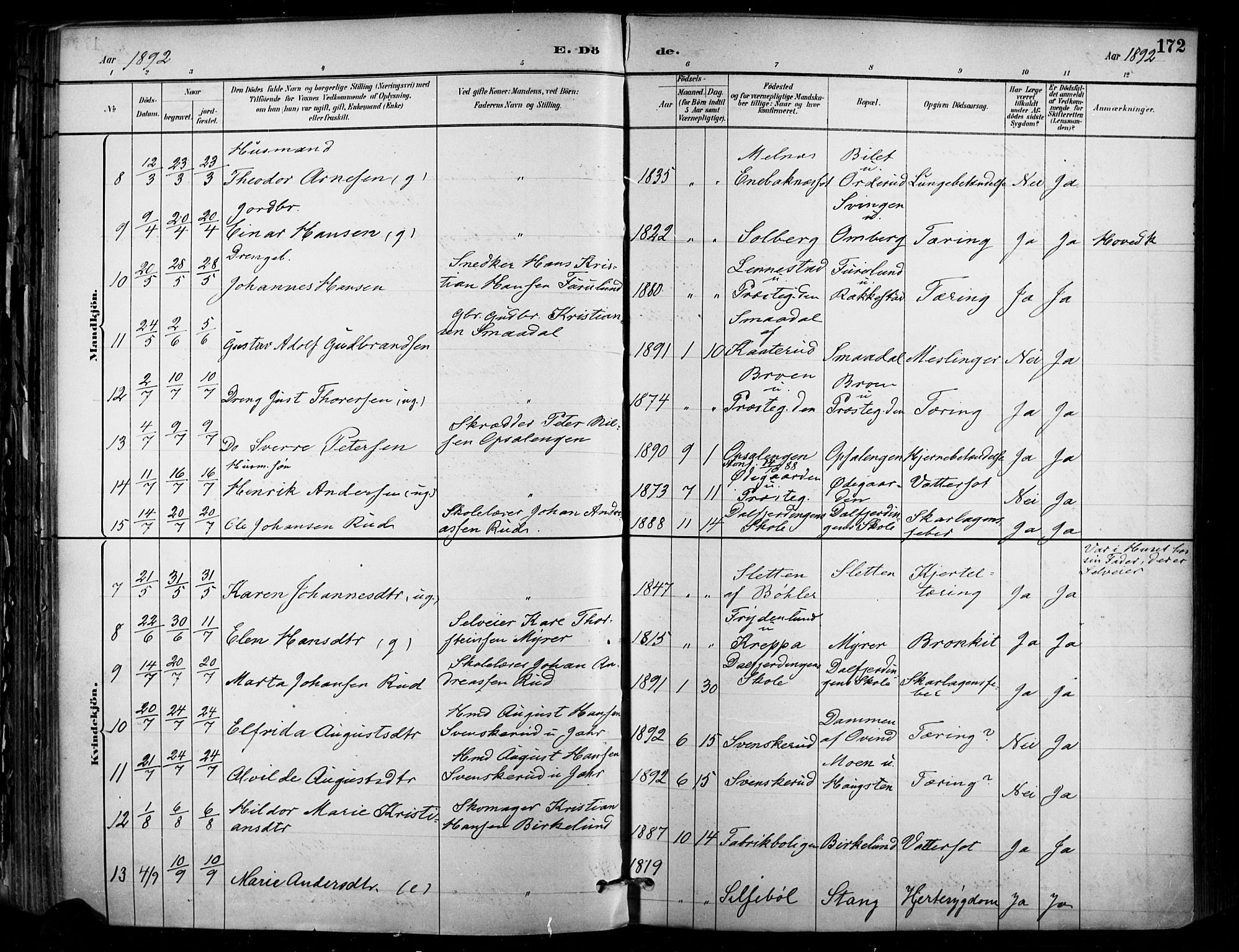 Enebakk prestekontor Kirkebøker, SAO/A-10171c/F/Fa/L0016: Parish register (official) no. I 16, 1883-1898, p. 172