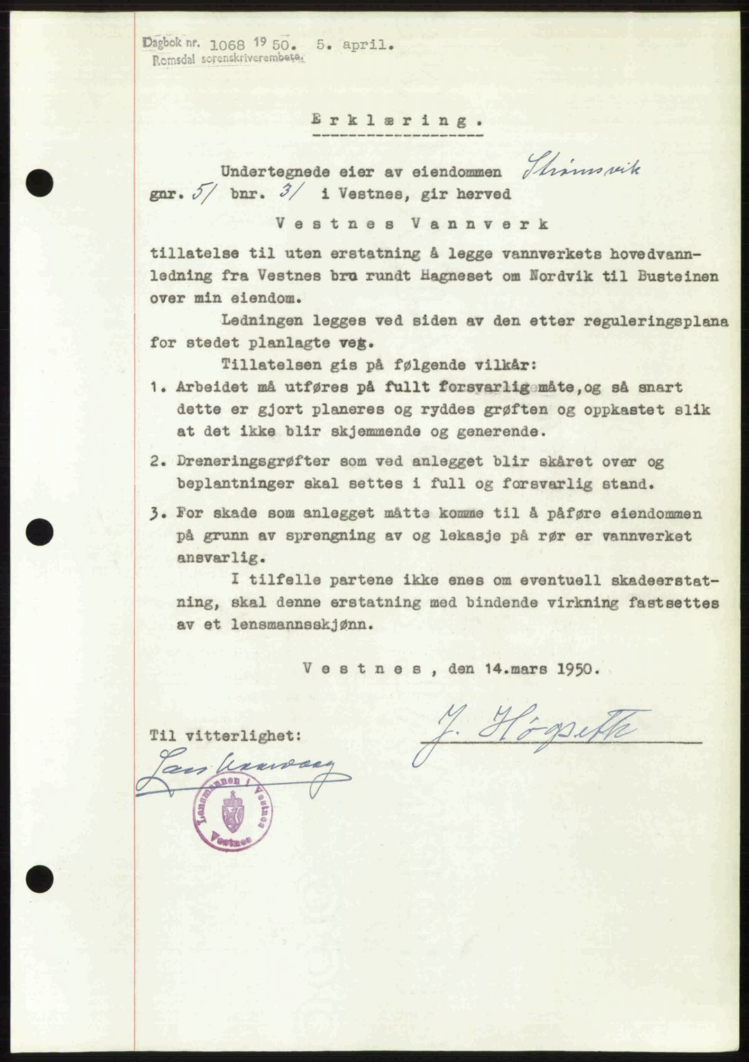 Romsdal sorenskriveri, SAT/A-4149/1/2/2C: Mortgage book no. A33, 1950-1950, Diary no: : 1068/1950