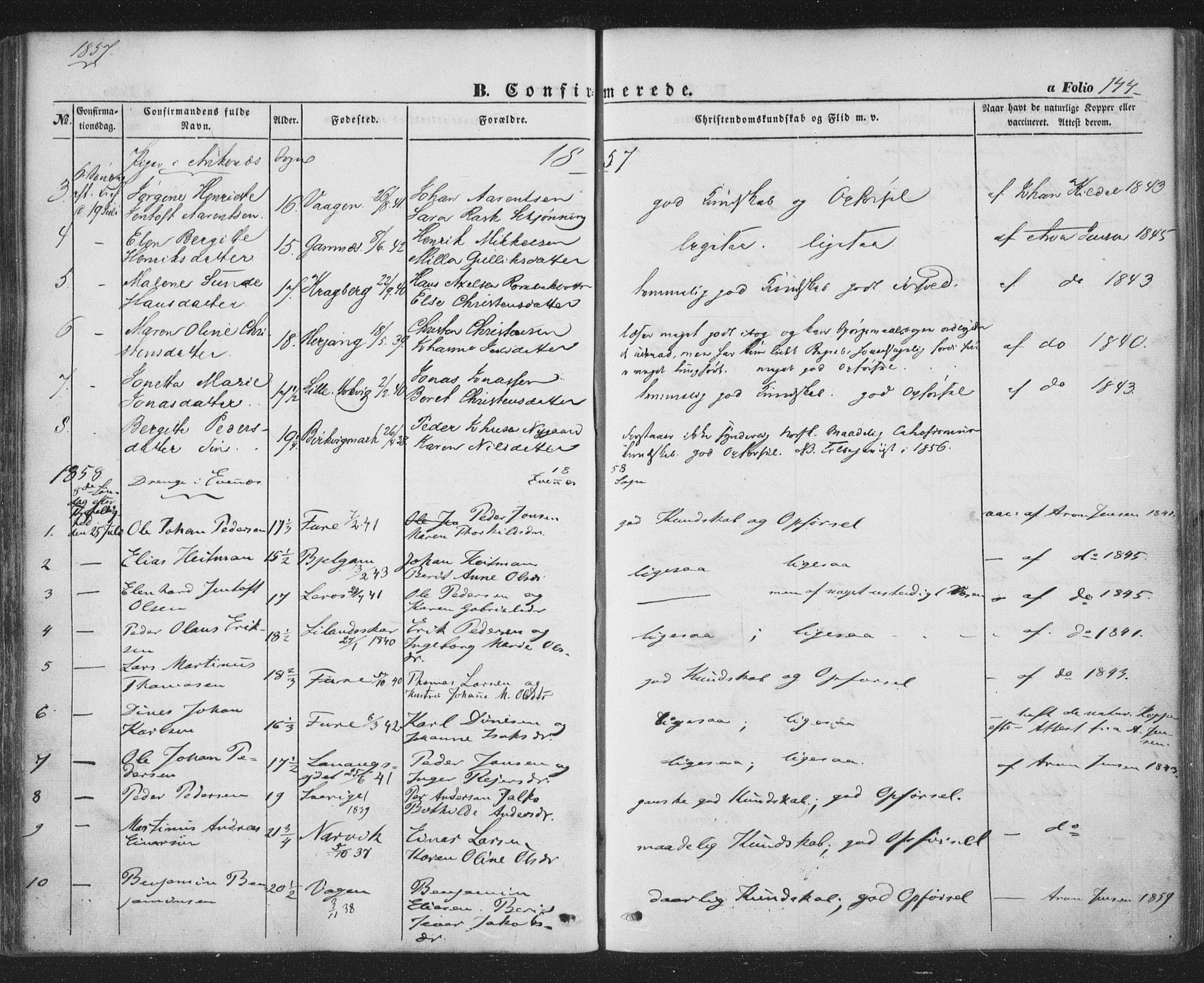 Ministerialprotokoller, klokkerbøker og fødselsregistre - Nordland, SAT/A-1459/863/L0895: Parish register (official) no. 863A07, 1851-1860, p. 144