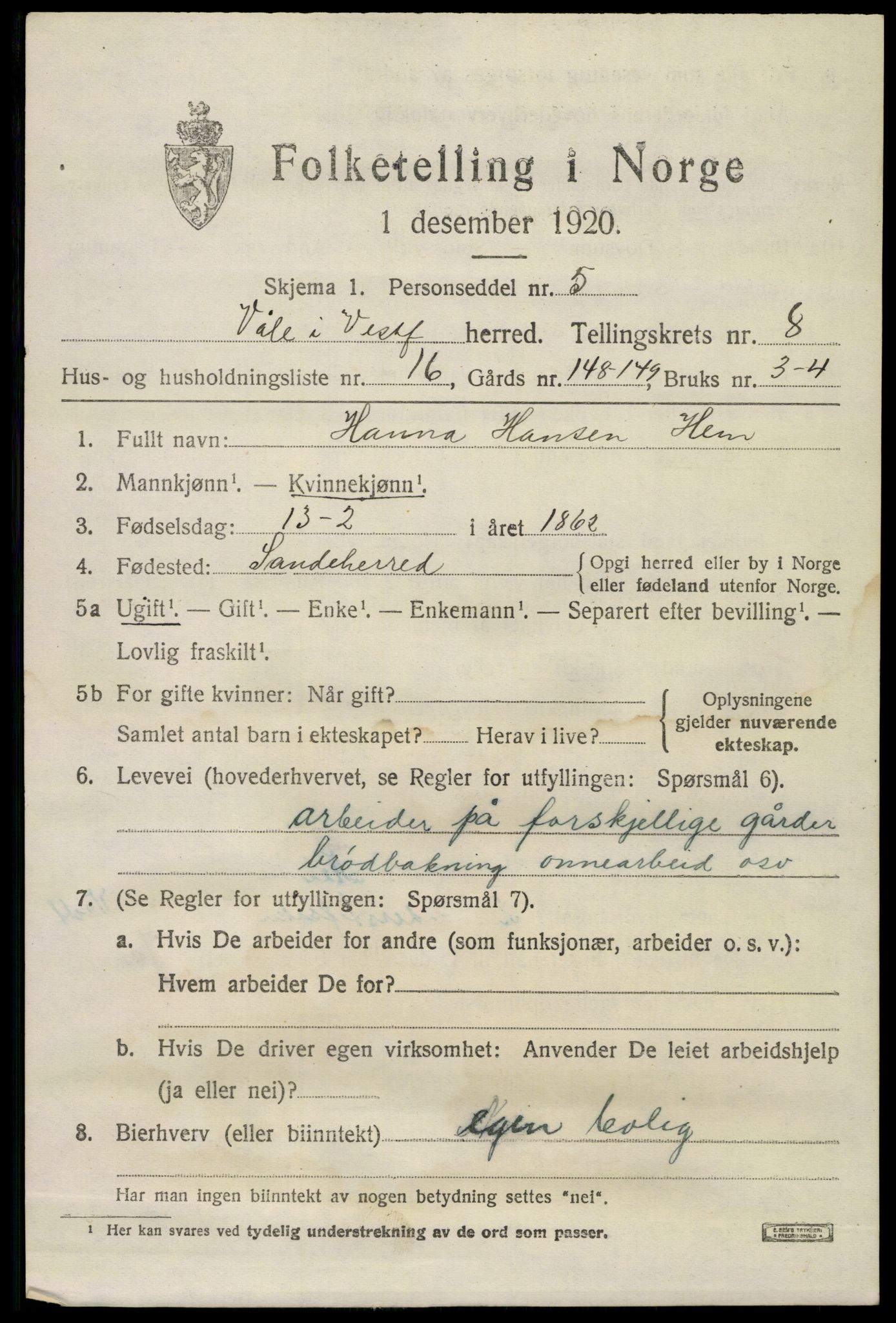 SAKO, 1920 census for Våle, 1920, p. 6334