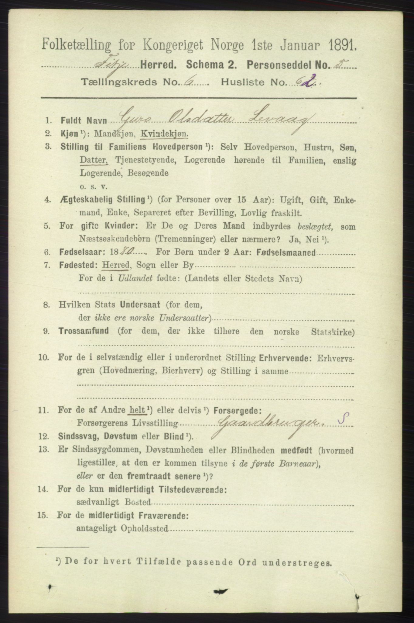 RA, 1891 census for 1222 Fitjar, 1891, p. 2743