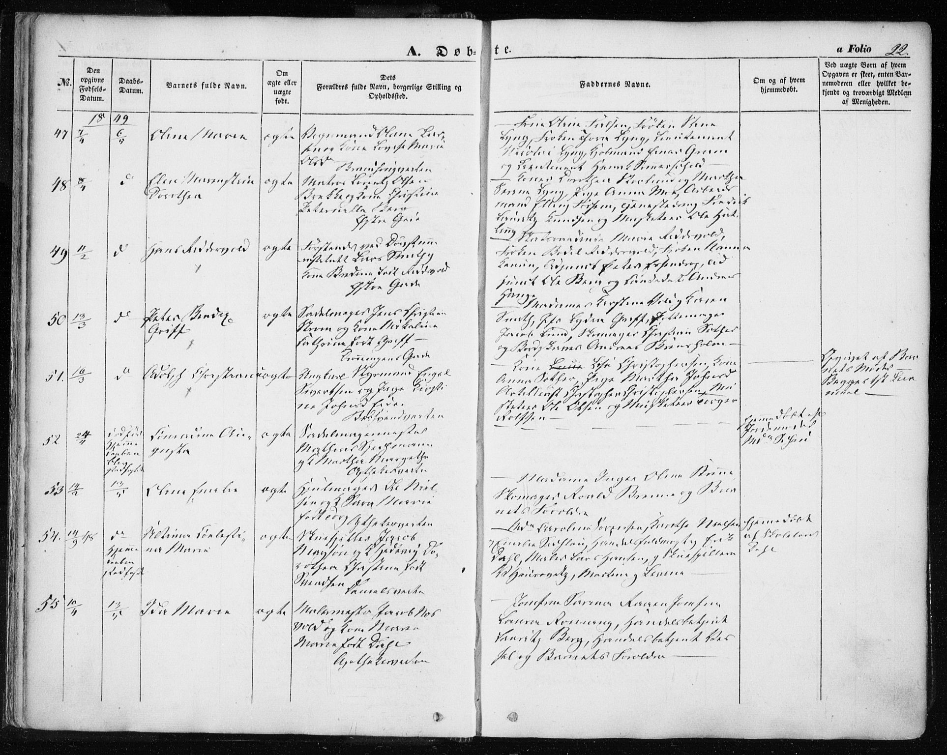 Ministerialprotokoller, klokkerbøker og fødselsregistre - Sør-Trøndelag, SAT/A-1456/601/L0051: Parish register (official) no. 601A19, 1848-1857, p. 22