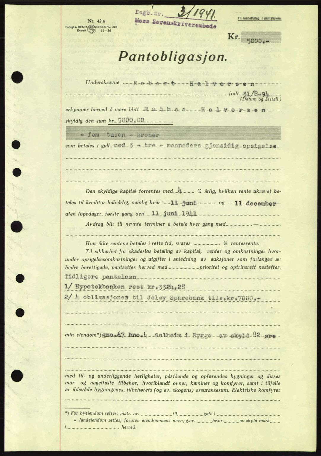 Moss sorenskriveri, SAO/A-10168: Mortgage book no. B10, 1940-1941, Diary no: : 3/1941