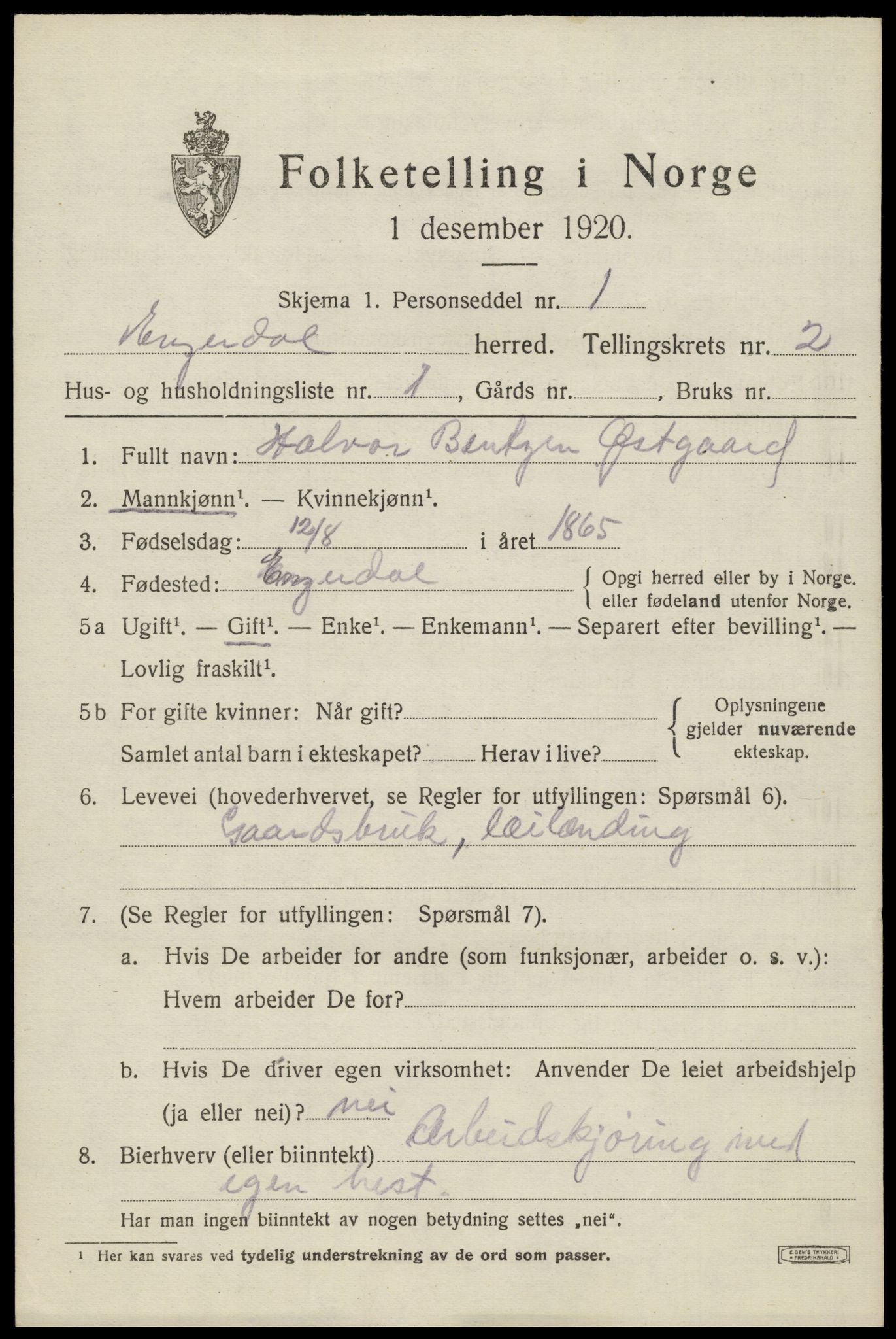 SAH, 1920 census for Engerdal, 1920, p. 915