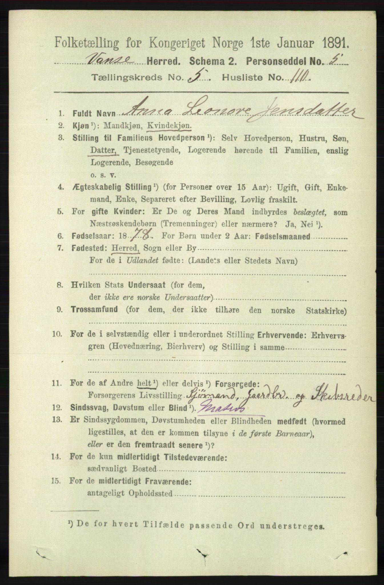 RA, 1891 census for 1041 Vanse, 1891, p. 3389