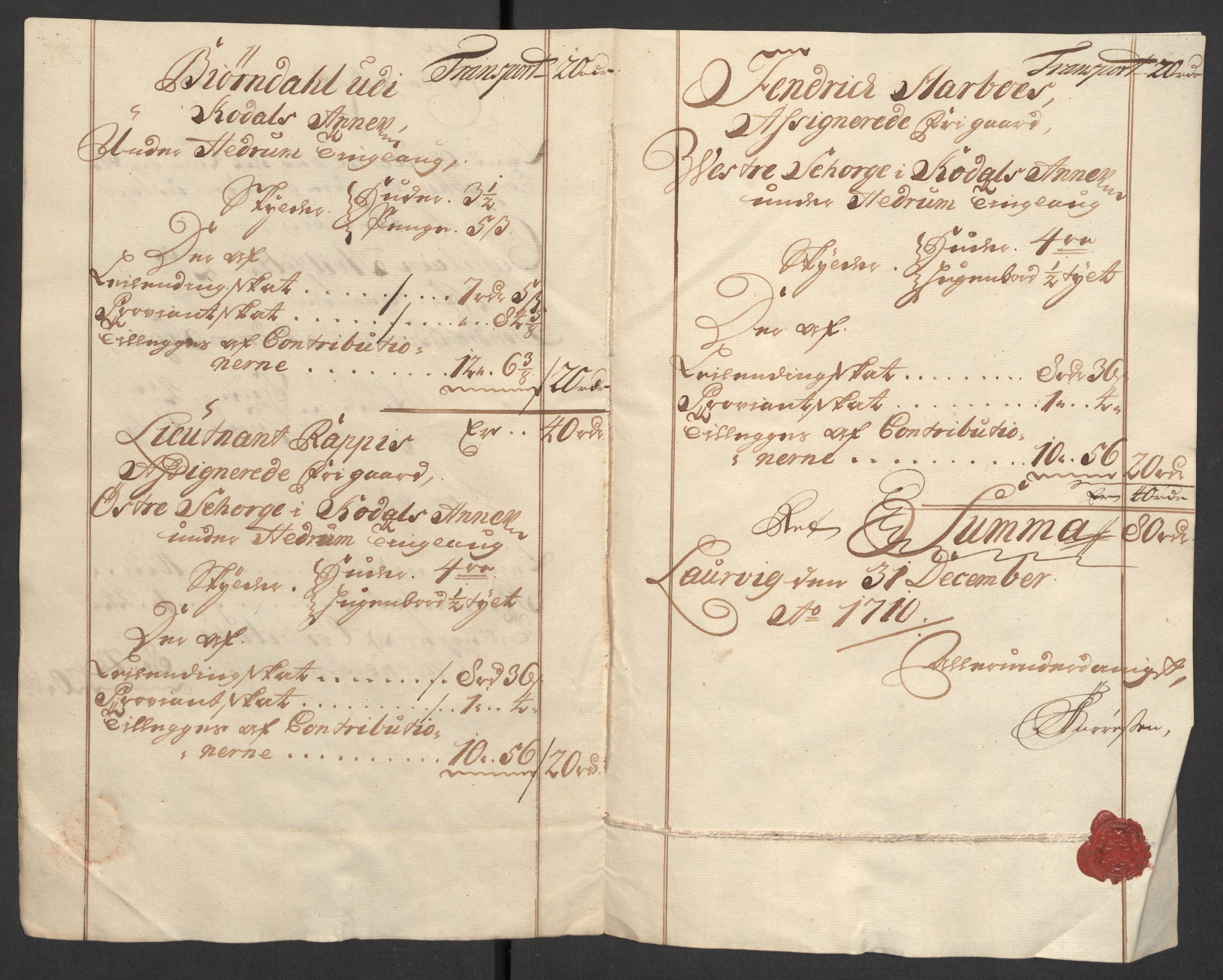 Rentekammeret inntil 1814, Reviderte regnskaper, Fogderegnskap, AV/RA-EA-4092/R33/L1981: Fogderegnskap Larvik grevskap, 1709-1710, p. 446