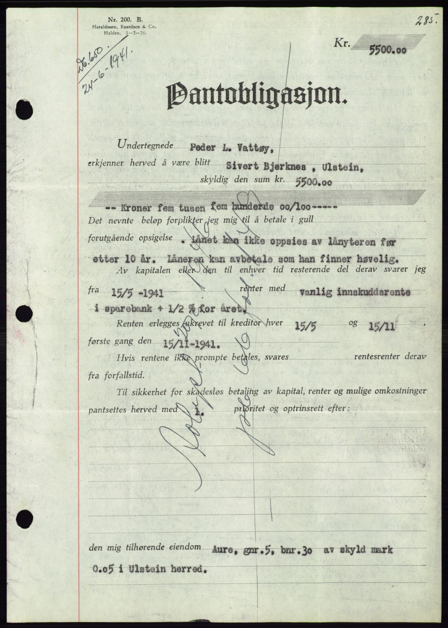 Søre Sunnmøre sorenskriveri, AV/SAT-A-4122/1/2/2C/L0071: Mortgage book no. 65, 1941-1941, Diary no: : 650/1941