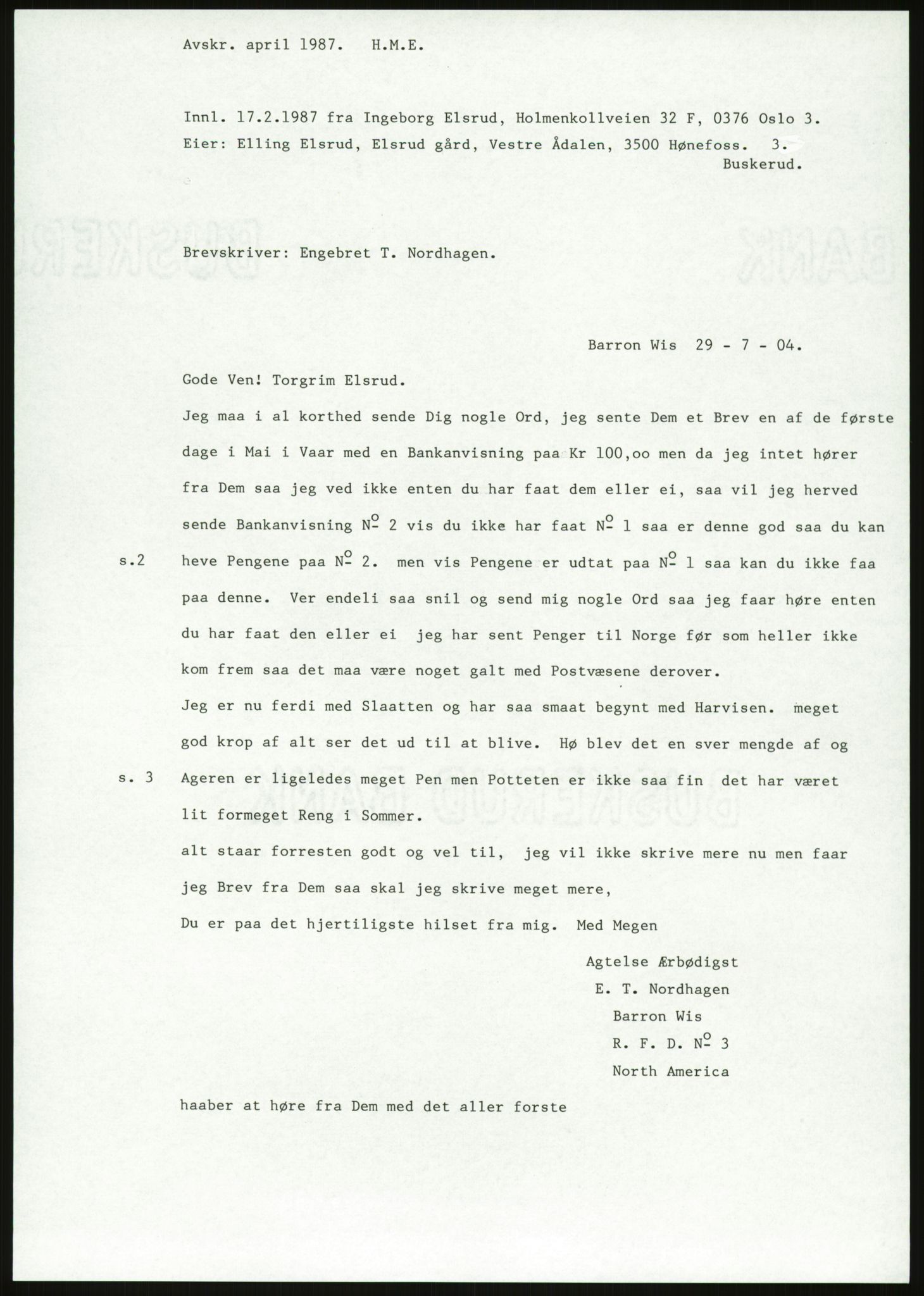 Samlinger til kildeutgivelse, Amerikabrevene, AV/RA-EA-4057/F/L0018: Innlån fra Buskerud: Elsrud, 1838-1914, p. 1065