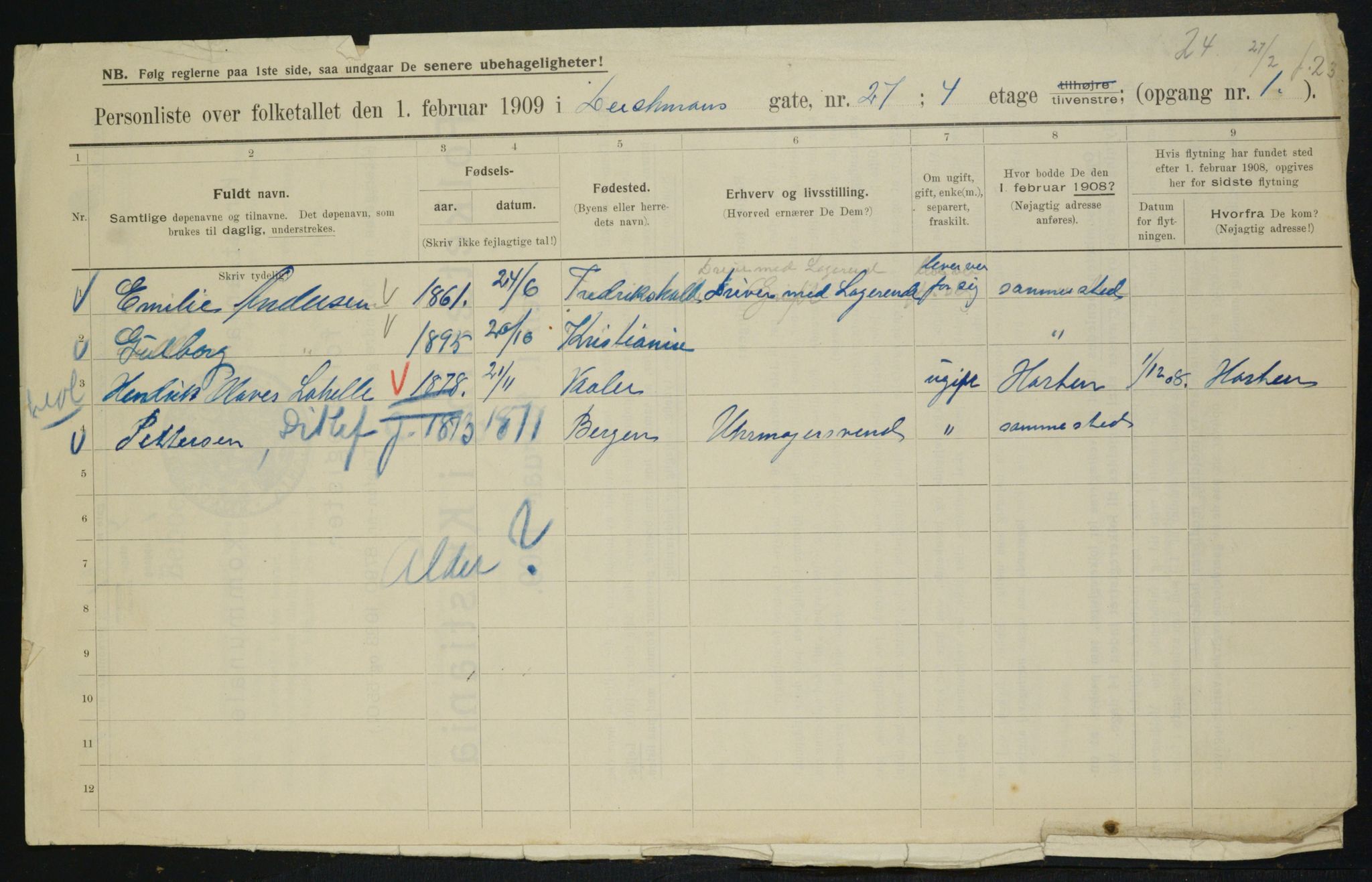 OBA, Municipal Census 1909 for Kristiania, 1909, p. 14455