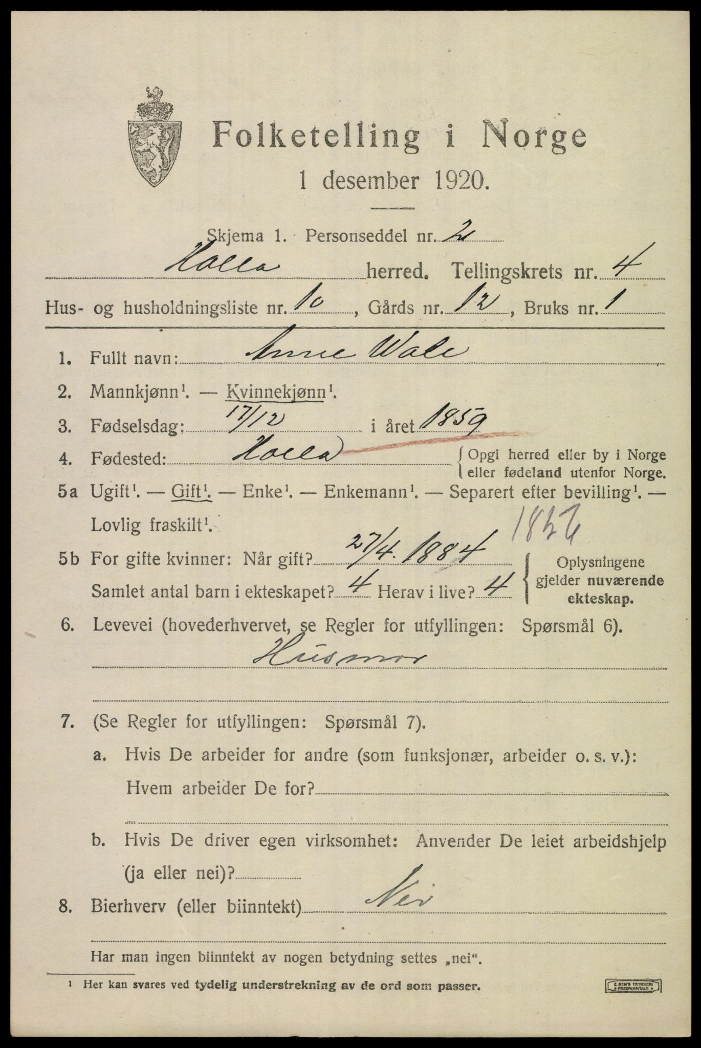 SAKO, 1920 census for Holla, 1920, p. 3727