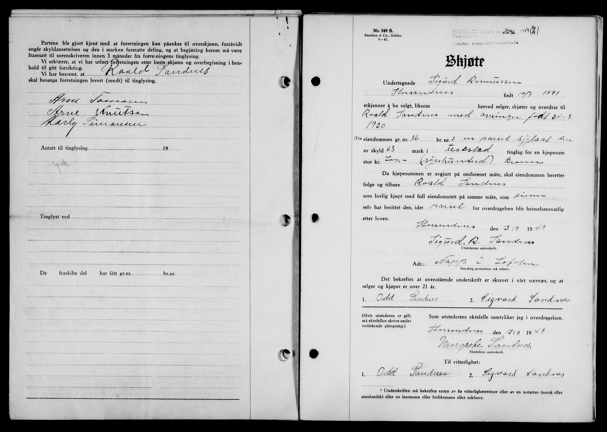 Lofoten sorenskriveri, SAT/A-0017/1/2/2C/L0021a: Mortgage book no. 21a, 1949-1949, Diary no: : 2236/1949