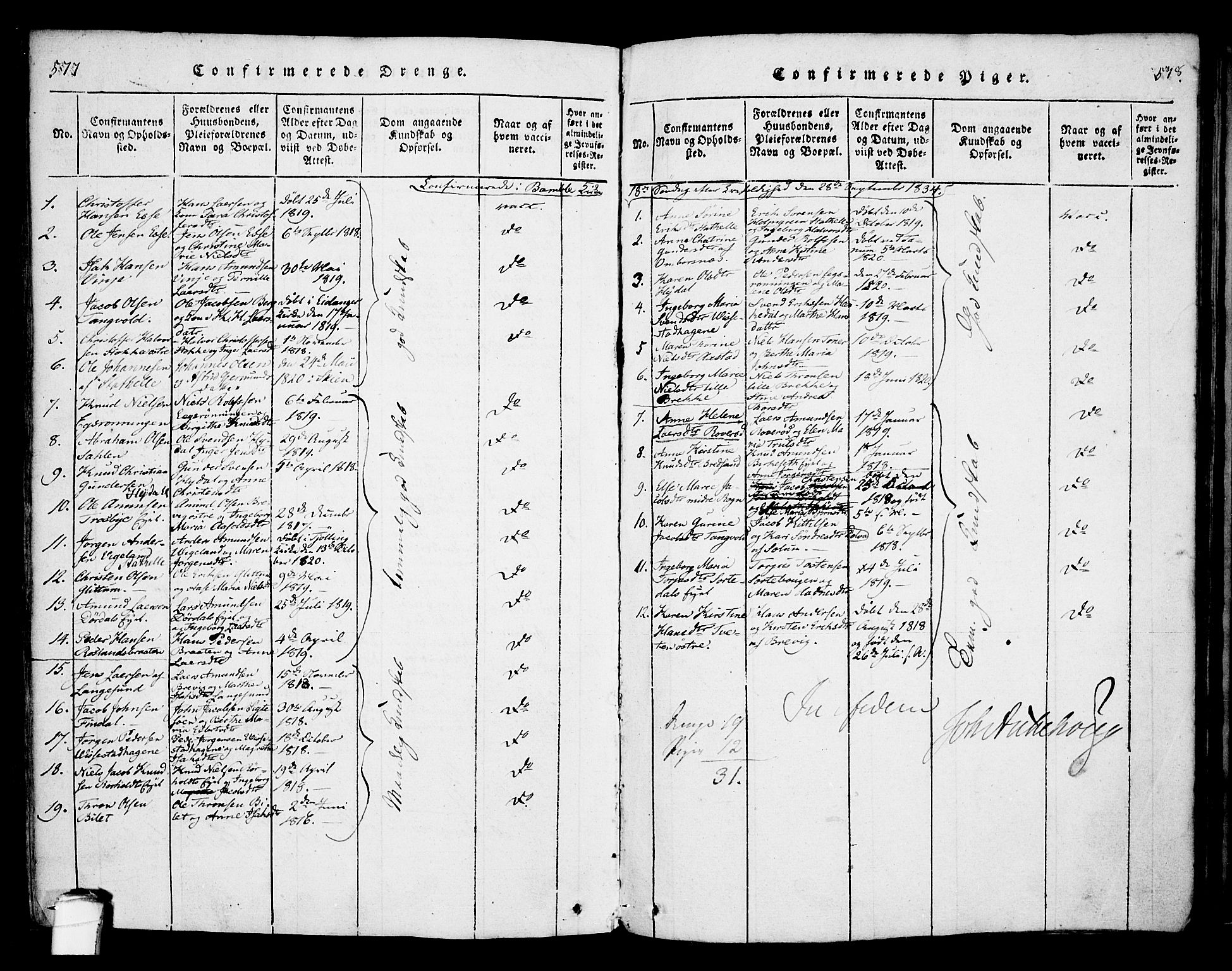 Bamble kirkebøker, SAKO/A-253/F/Fa/L0003: Parish register (official) no. I 3 /1, 1814-1834, p. 577-578