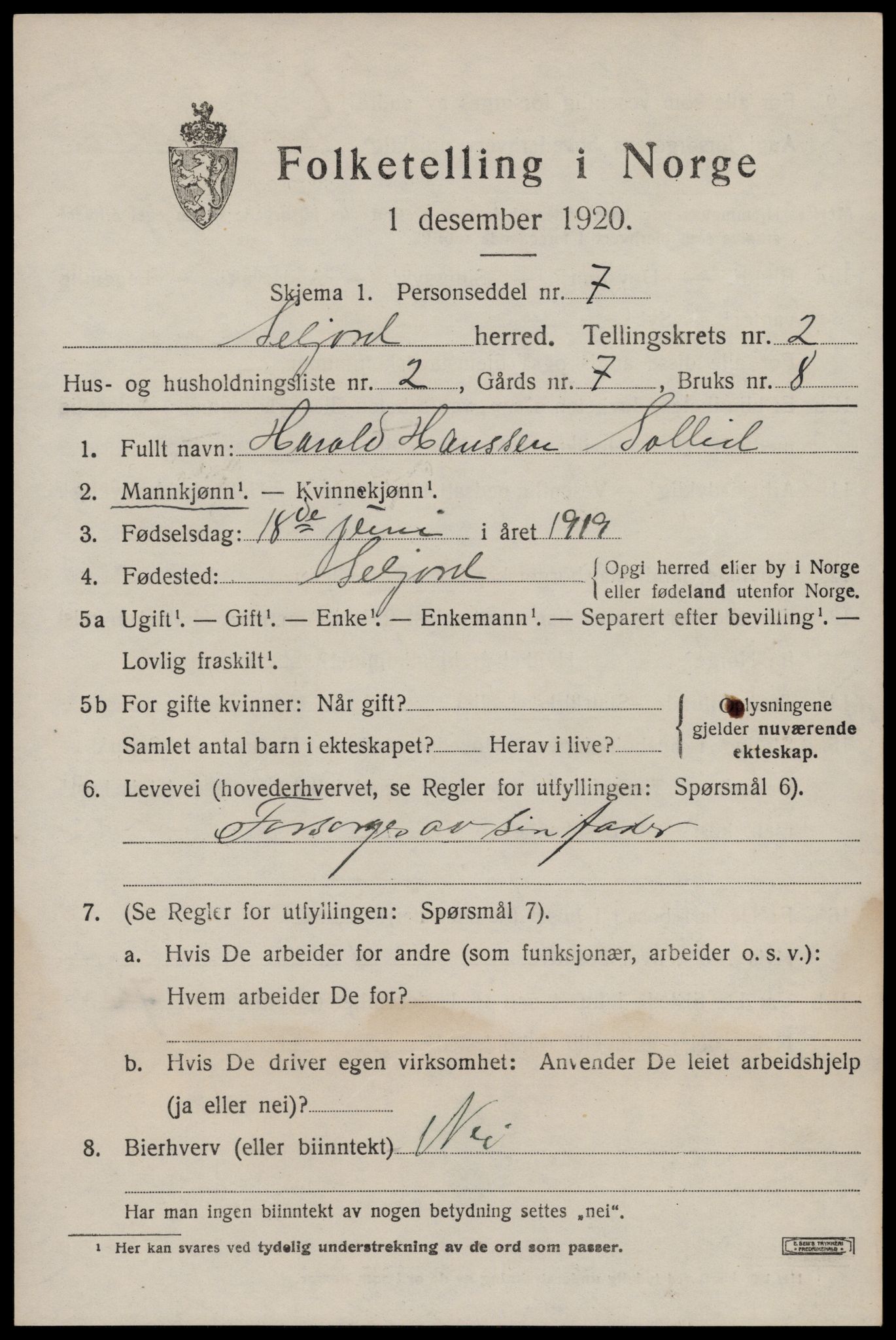 SAKO, 1920 census for Seljord, 1920, p. 1546