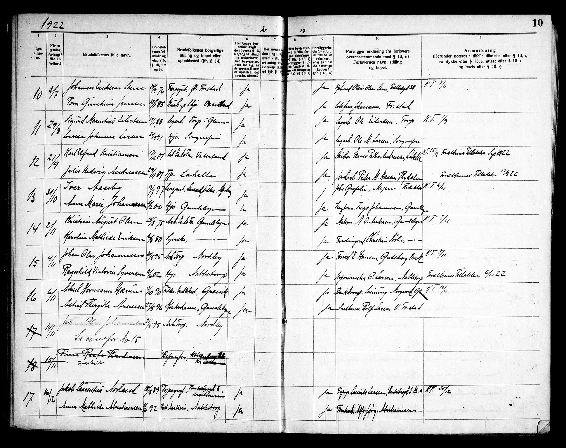 Østre Fredrikstad prestekontor Kirkebøker, AV/SAO-A-10907/H/Ha/L0001: Banns register no. 1, 1919-1951, p. 10