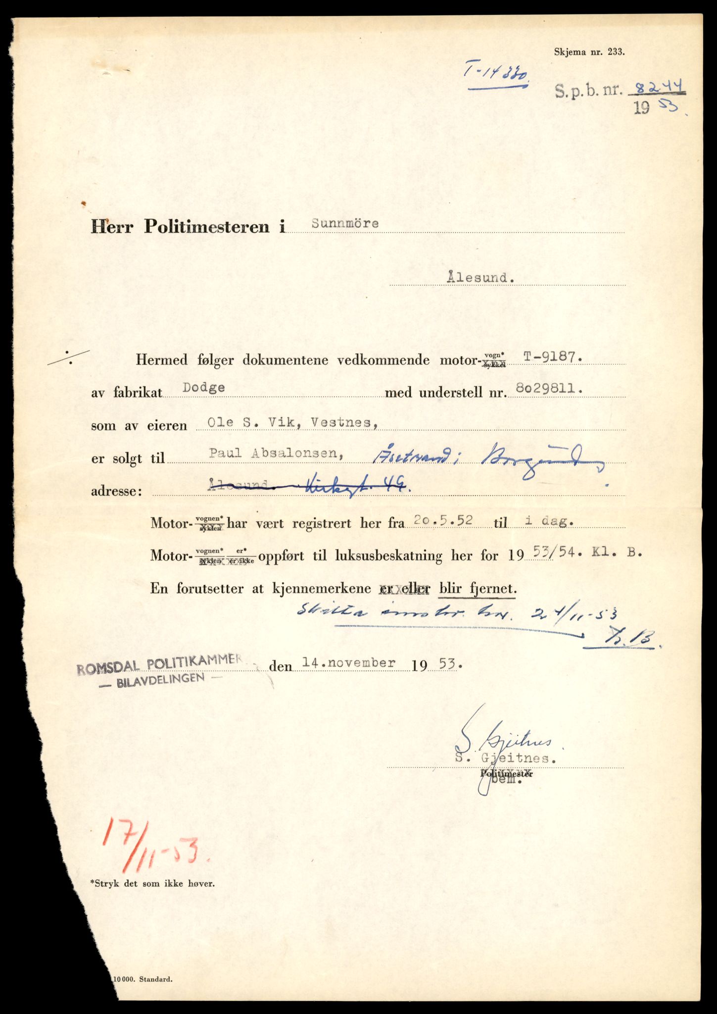 Møre og Romsdal vegkontor - Ålesund trafikkstasjon, AV/SAT-A-4099/F/Fe/L0045: Registreringskort for kjøretøy T 14320 - T 14444, 1927-1998, p. 315