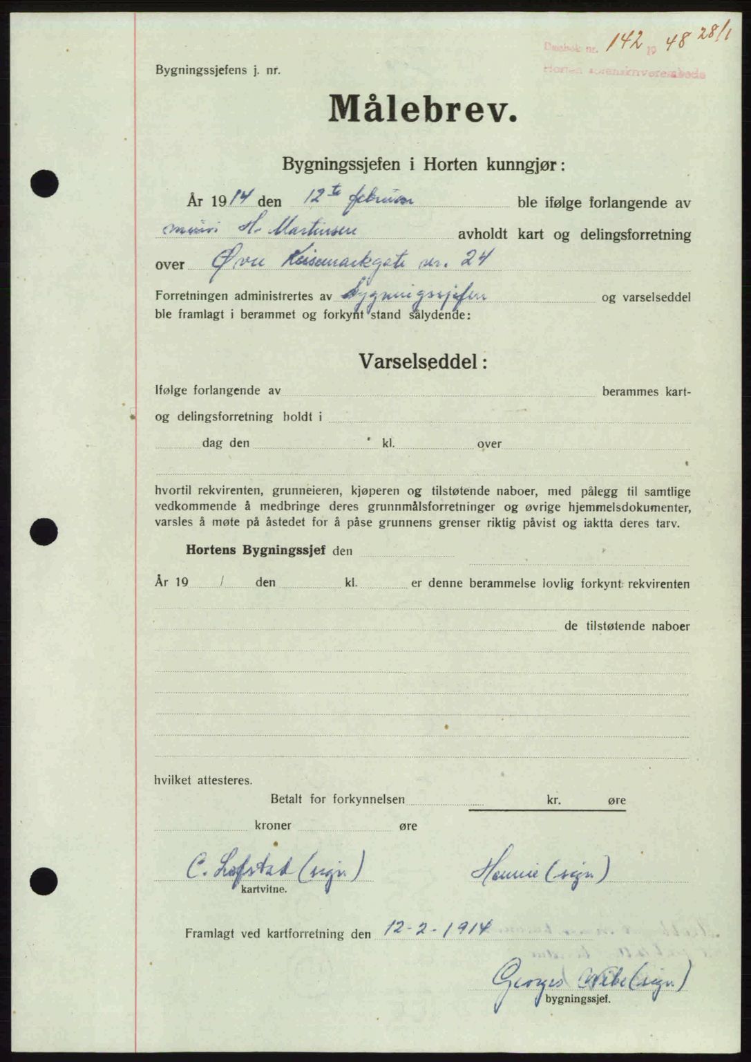 Horten sorenskriveri, AV/SAKO-A-133/G/Ga/Gaa/L0010: Mortgage book no. A-10, 1947-1948, Diary no: : 142/1948