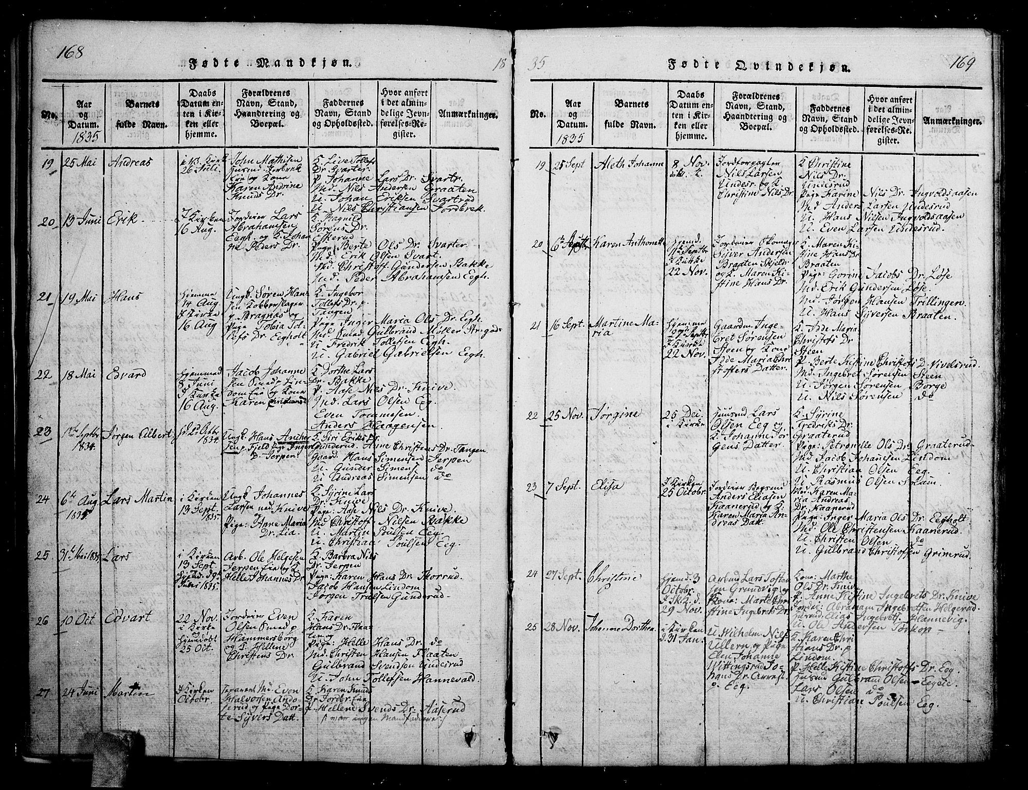 Skoger kirkebøker, AV/SAKO-A-59/G/Ga/L0001: Parish register (copy) no. I 1, 1814-1845, p. 168-169