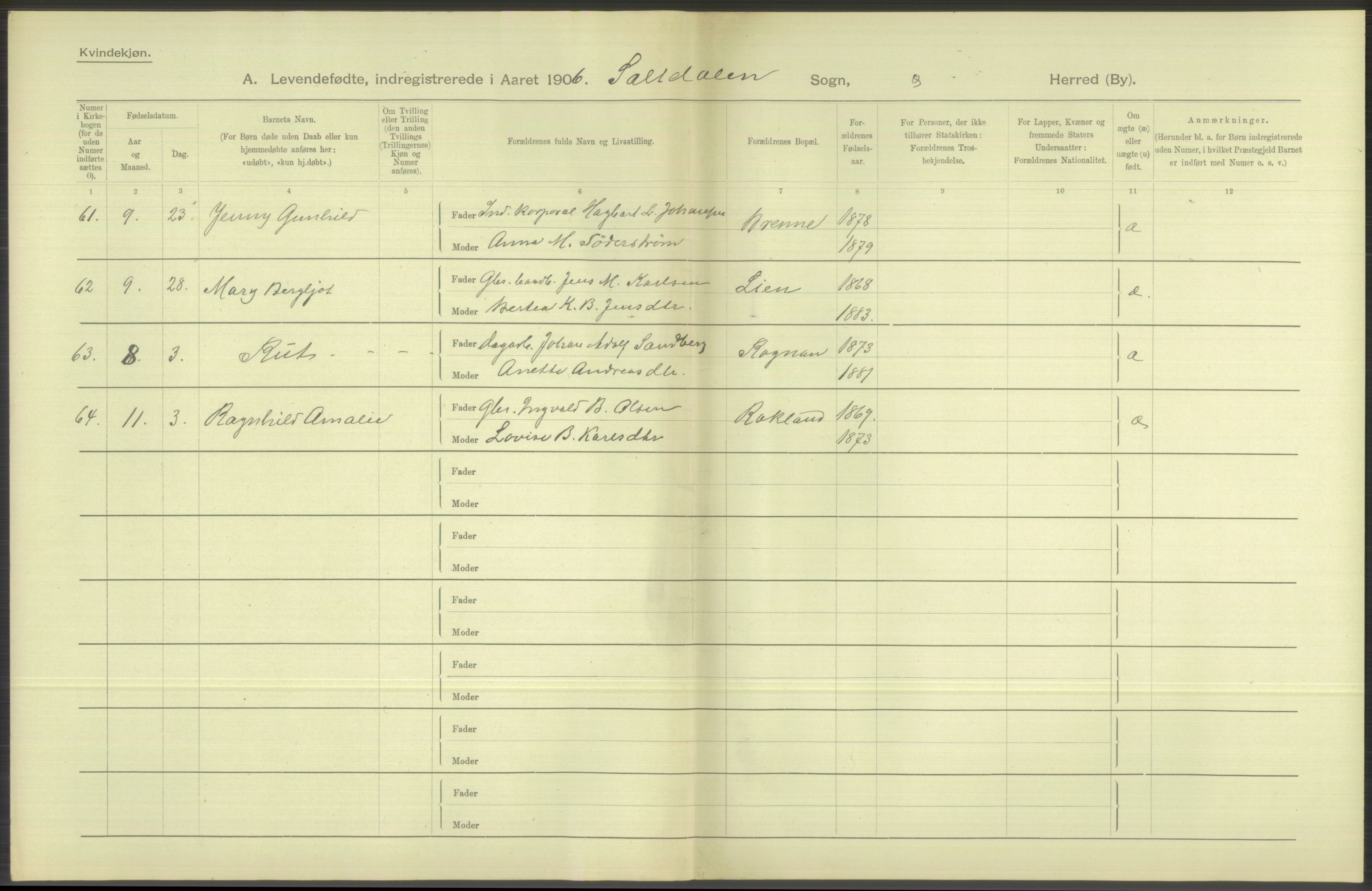 Statistisk sentralbyrå, Sosiodemografiske emner, Befolkning, AV/RA-S-2228/D/Df/Dfa/Dfad/L0044: Nordlands amt: Levendefødte menn og kvinner. Bygder., 1906, p. 196