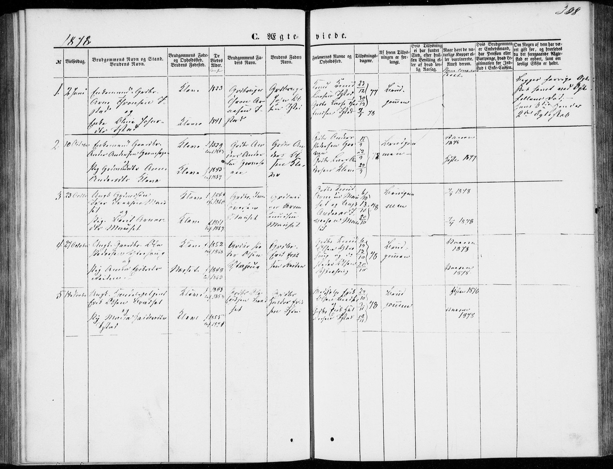 Ministerialprotokoller, klokkerbøker og fødselsregistre - Møre og Romsdal, SAT/A-1454/557/L0681: Parish register (official) no. 557A03, 1869-1886, p. 308