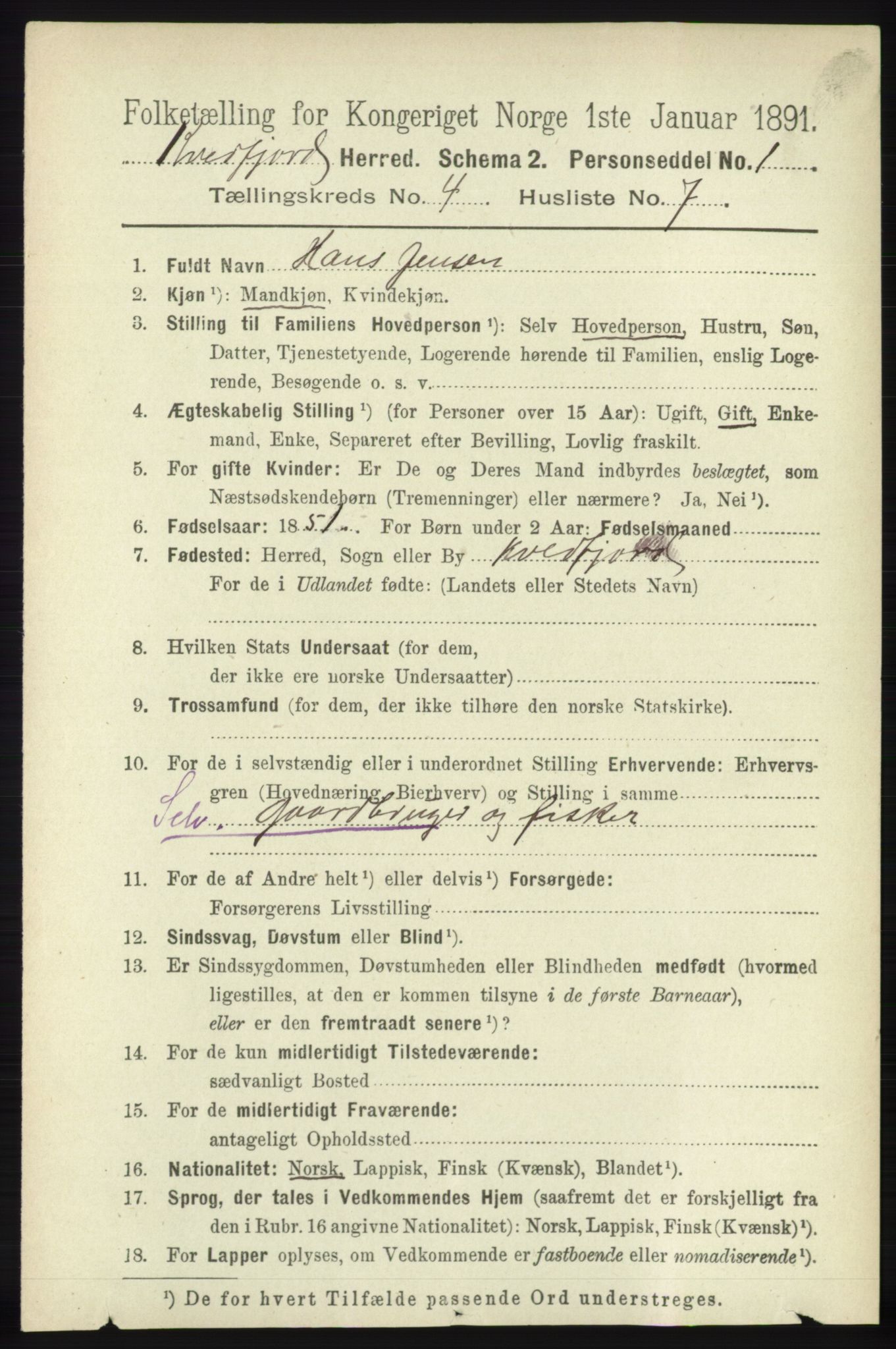 RA, 1891 census for 1911 Kvæfjord, 1891, p. 1927