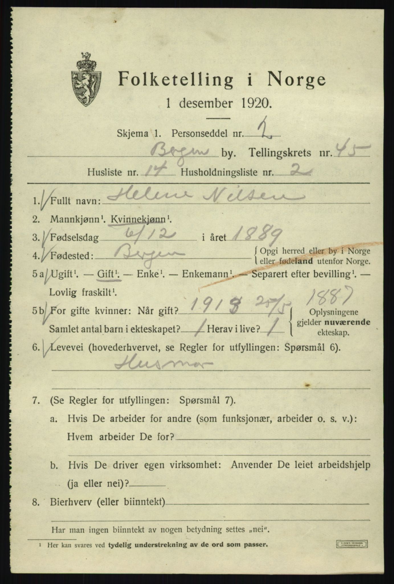 SAB, 1920 census for Bergen, 1920, p. 114172