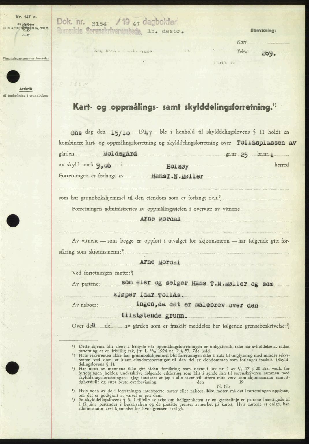 Romsdal sorenskriveri, SAT/A-4149/1/2/2C: Mortgage book no. A24, 1947-1947, Diary no: : 3154/1947