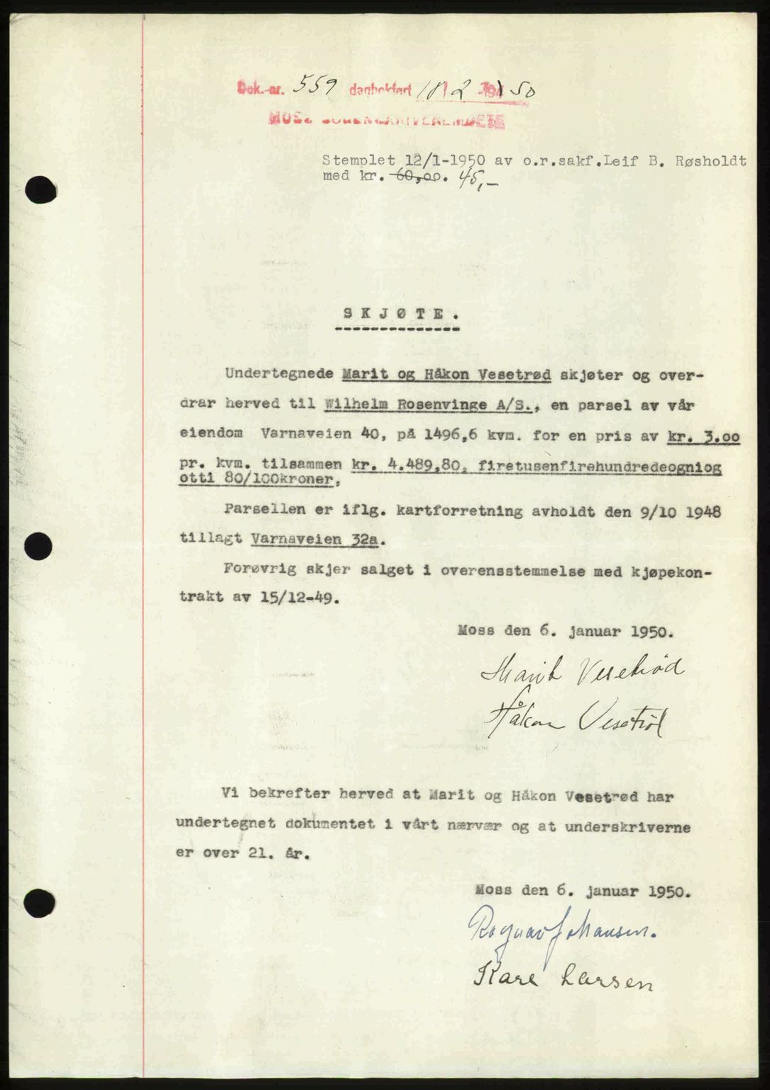 Moss sorenskriveri, SAO/A-10168: Mortgage book no. A25, 1950-1950, Diary no: : 559/1950