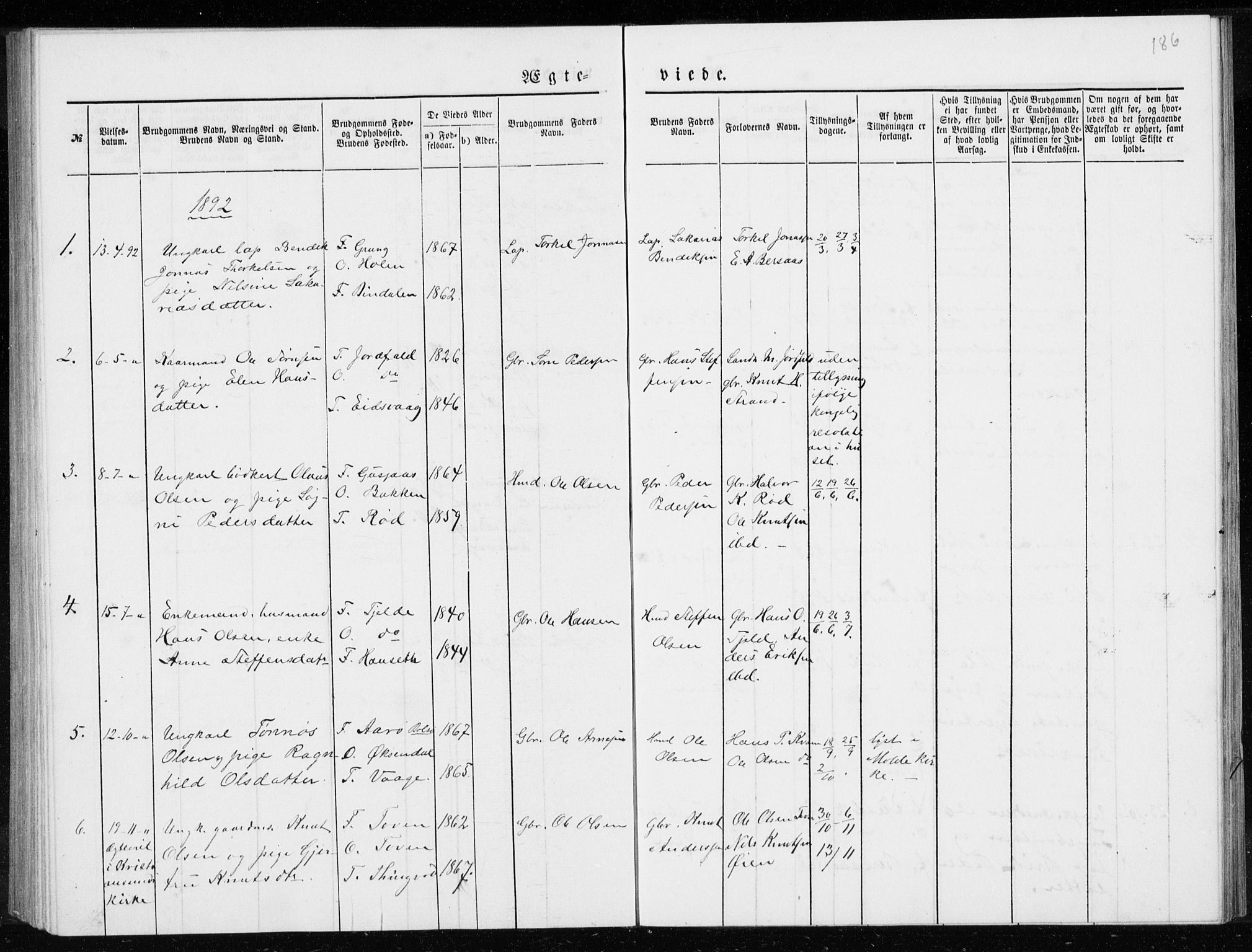 Ministerialprotokoller, klokkerbøker og fødselsregistre - Møre og Romsdal, SAT/A-1454/551/L0631: Parish register (copy) no. 551C03, 1886-1894, p. 186