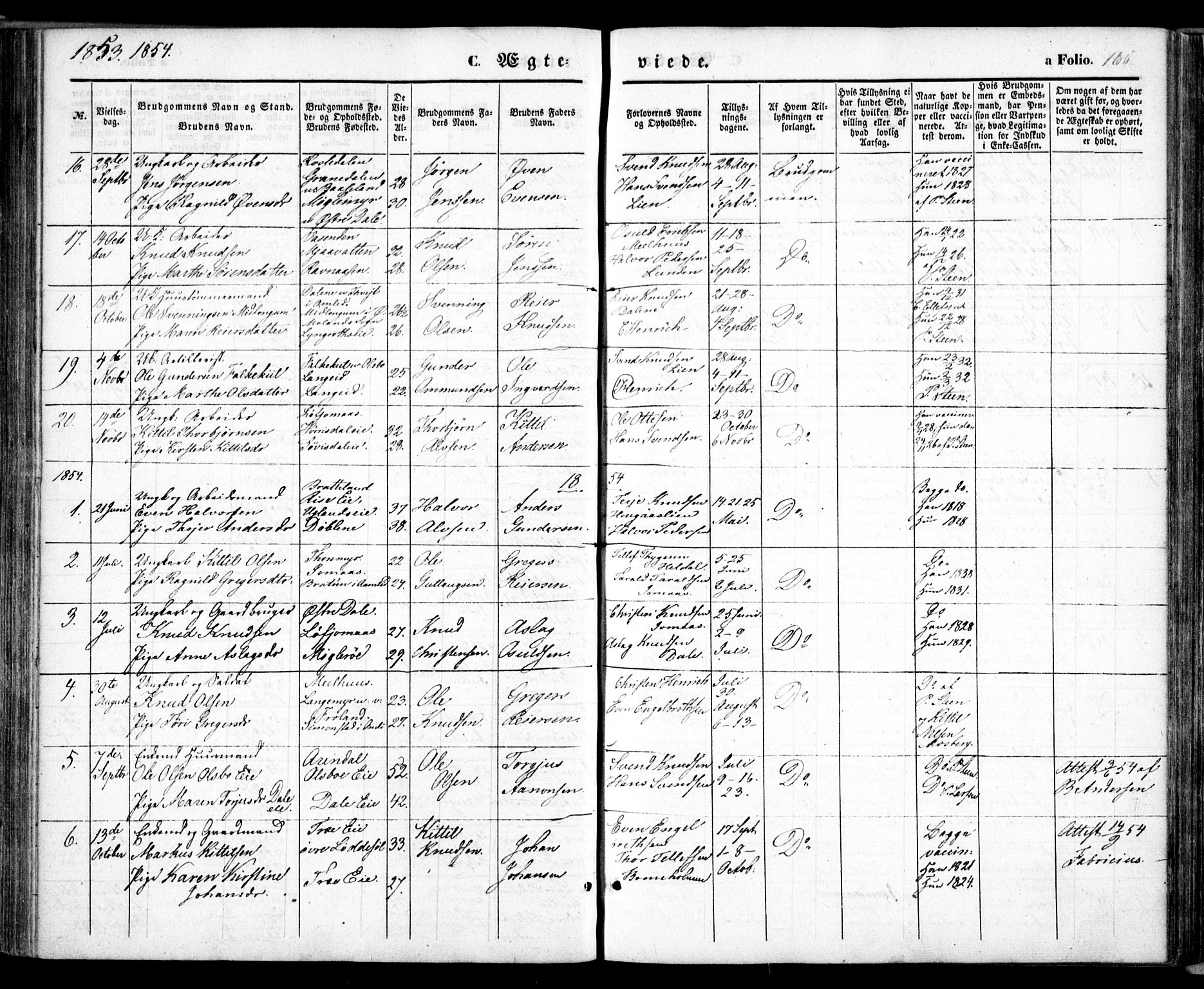 Froland sokneprestkontor, AV/SAK-1111-0013/F/Fa/L0002: Parish register (official) no. A 2, 1845-1863, p. 165