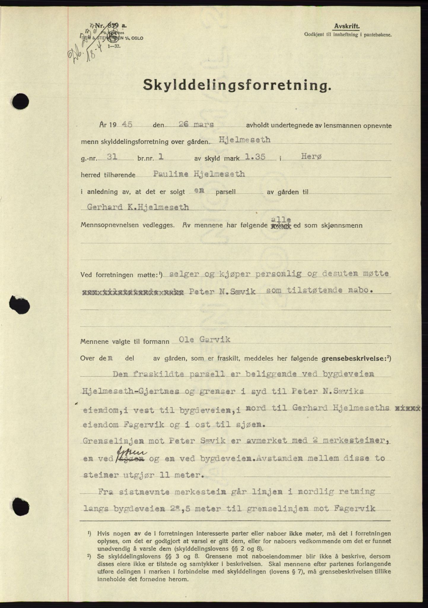 Søre Sunnmøre sorenskriveri, AV/SAT-A-4122/1/2/2C/L0077: Mortgage book no. 3A, 1945-1946, Diary no: : 233/1945