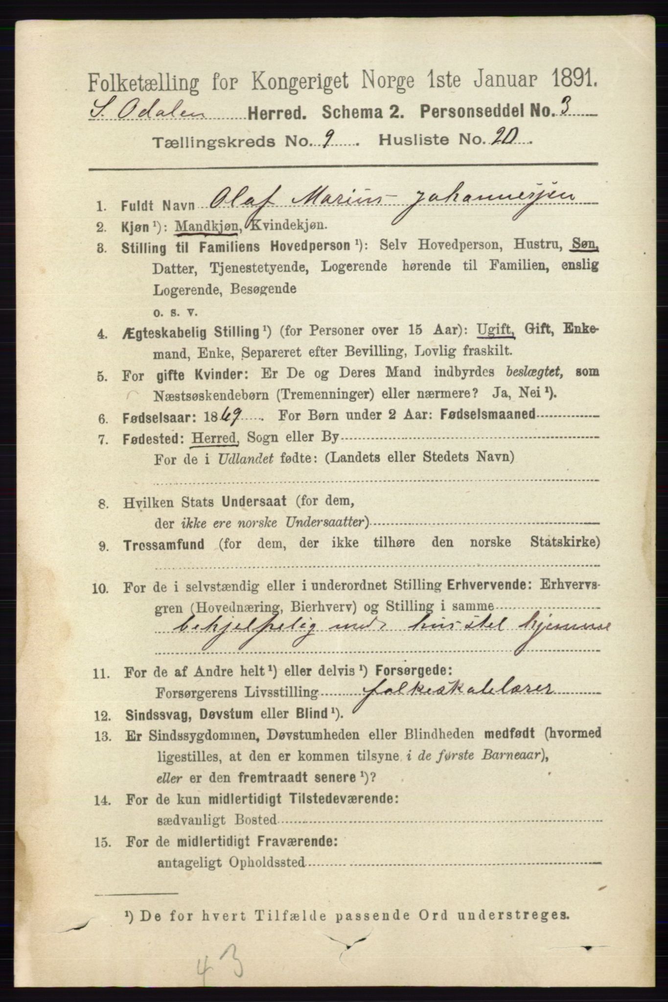 RA, 1891 census for 0419 Sør-Odal, 1891, p. 4274