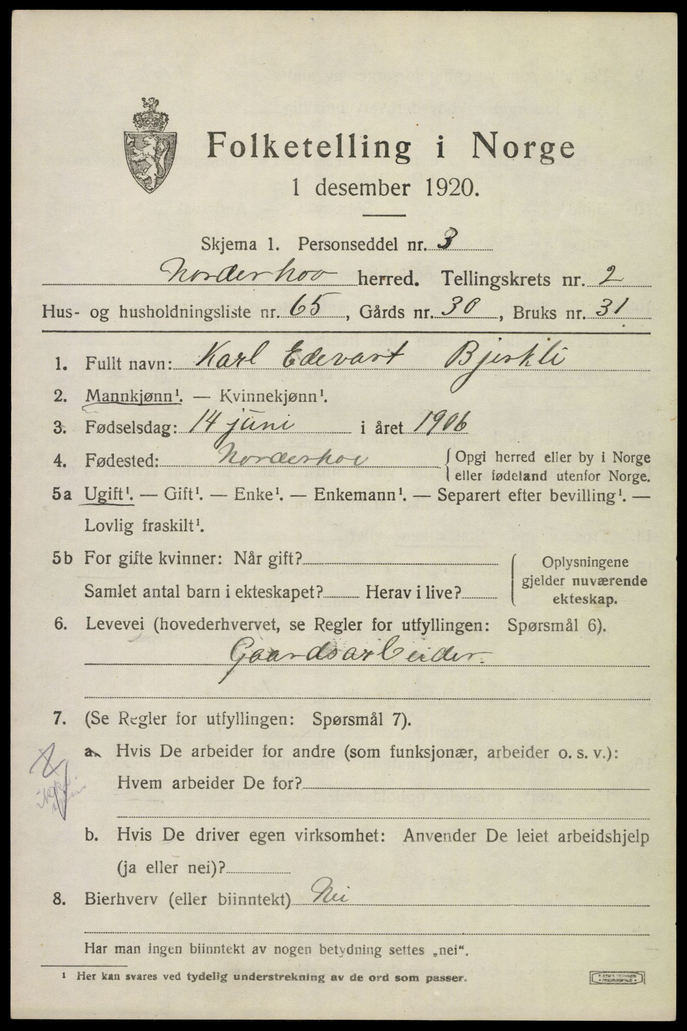 SAKO, 1920 census for Norderhov, 1920, p. 5232