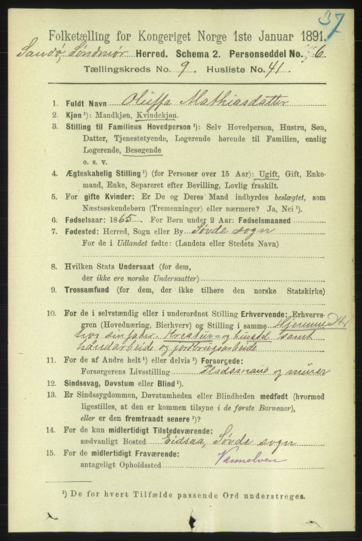 RA, 1891 census for 1514 Sande, 1891, p. 1744