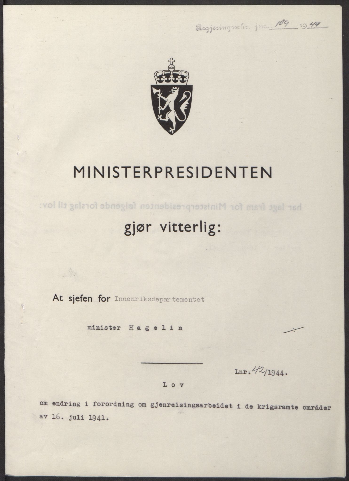 NS-administrasjonen 1940-1945 (Statsrådsekretariatet, de kommisariske statsråder mm), RA/S-4279/D/Db/L0100: Lover, 1944, p. 201
