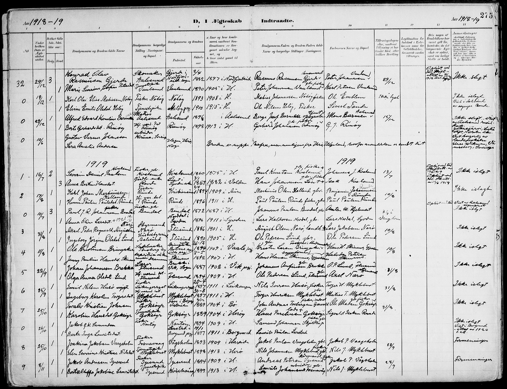 Ministerialprotokoller, klokkerbøker og fødselsregistre - Møre og Romsdal, AV/SAT-A-1454/507/L0075: Parish register (official) no. 507A10, 1901-1920, p. 275