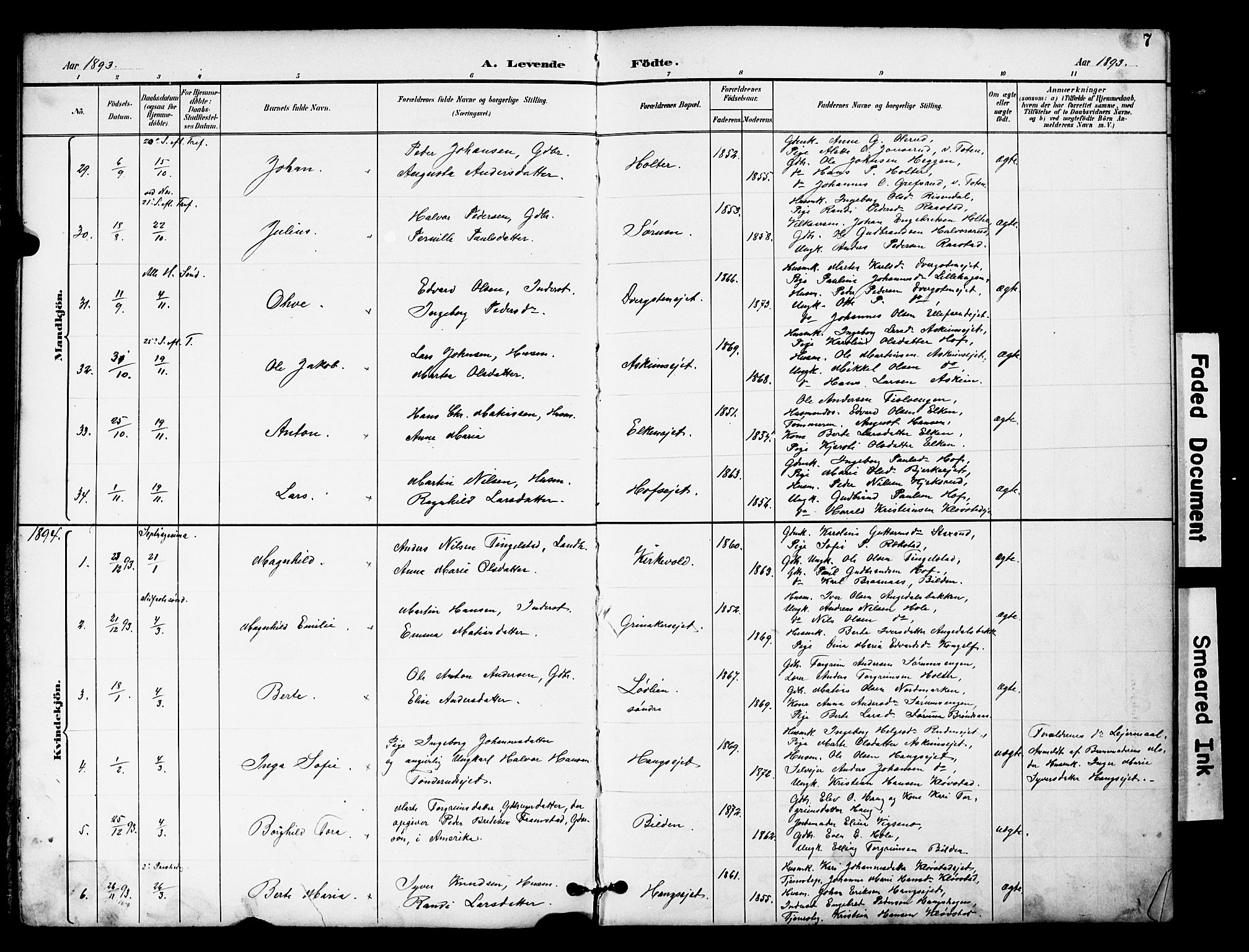 Brandbu prestekontor, SAH/PREST-114/H/Ha/Hab/L0006: Parish register (copy) no. 6, 1893-1902, p. 7
