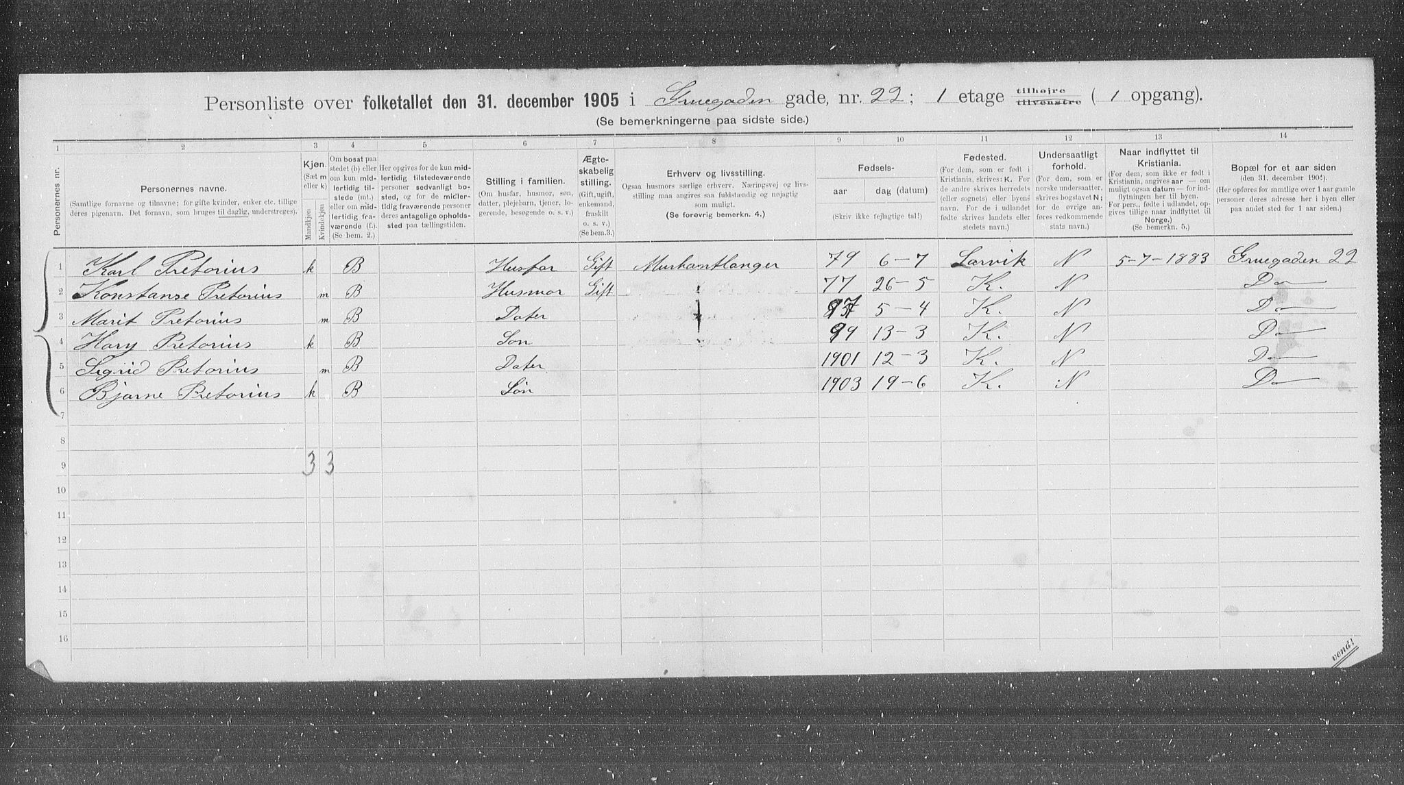 OBA, Municipal Census 1905 for Kristiania, 1905, p. 15852