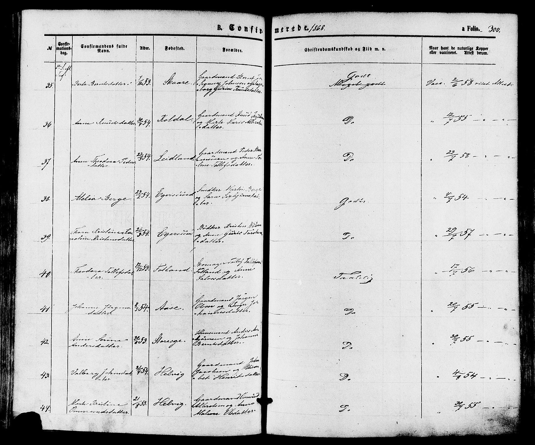 Eigersund sokneprestkontor, AV/SAST-A-101807/S08/L0014: Parish register (official) no. A 13, 1866-1878, p. 300